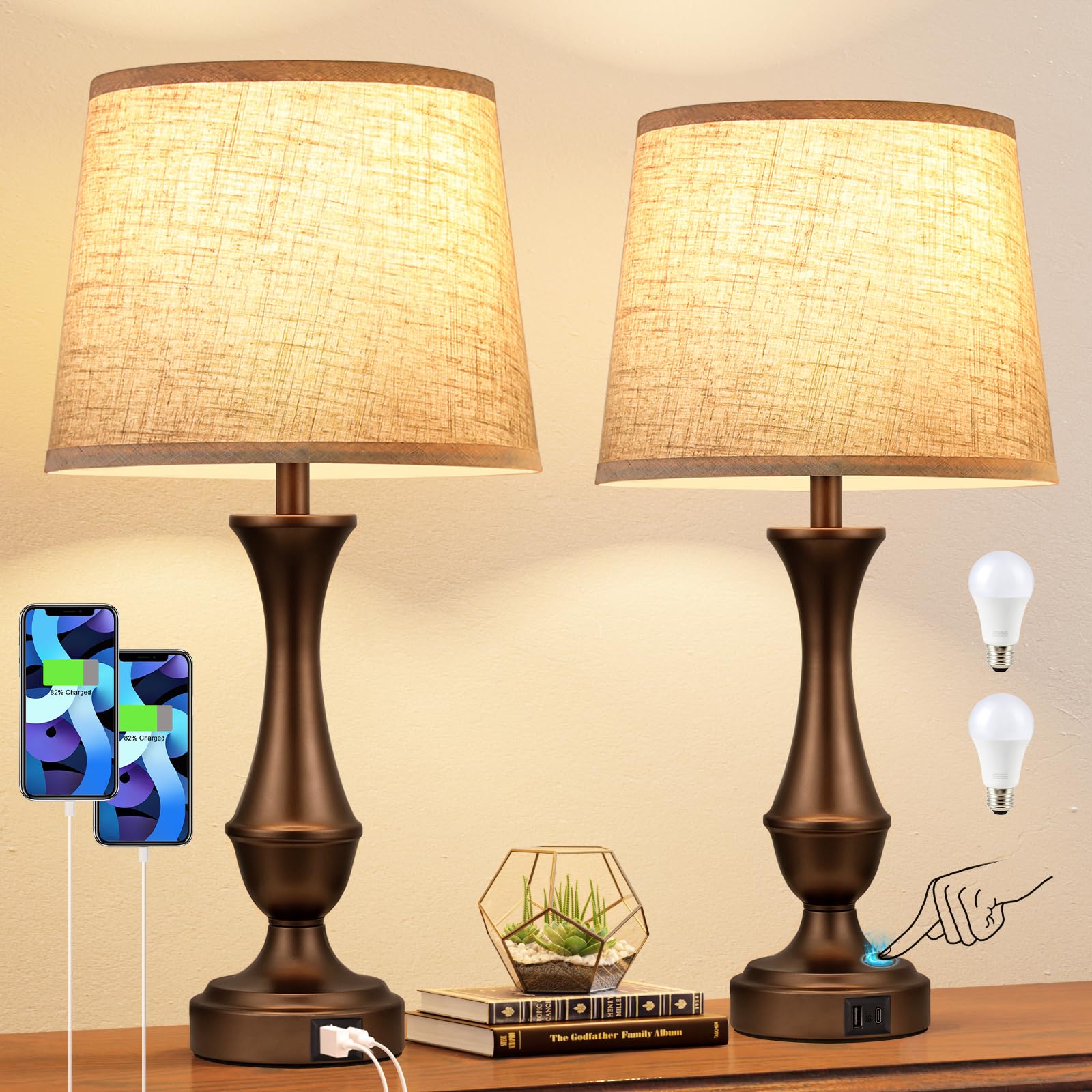 Touch Lamps for Nightstand, 3 Way Dimmable Lamps for Bedroom with USB C+A