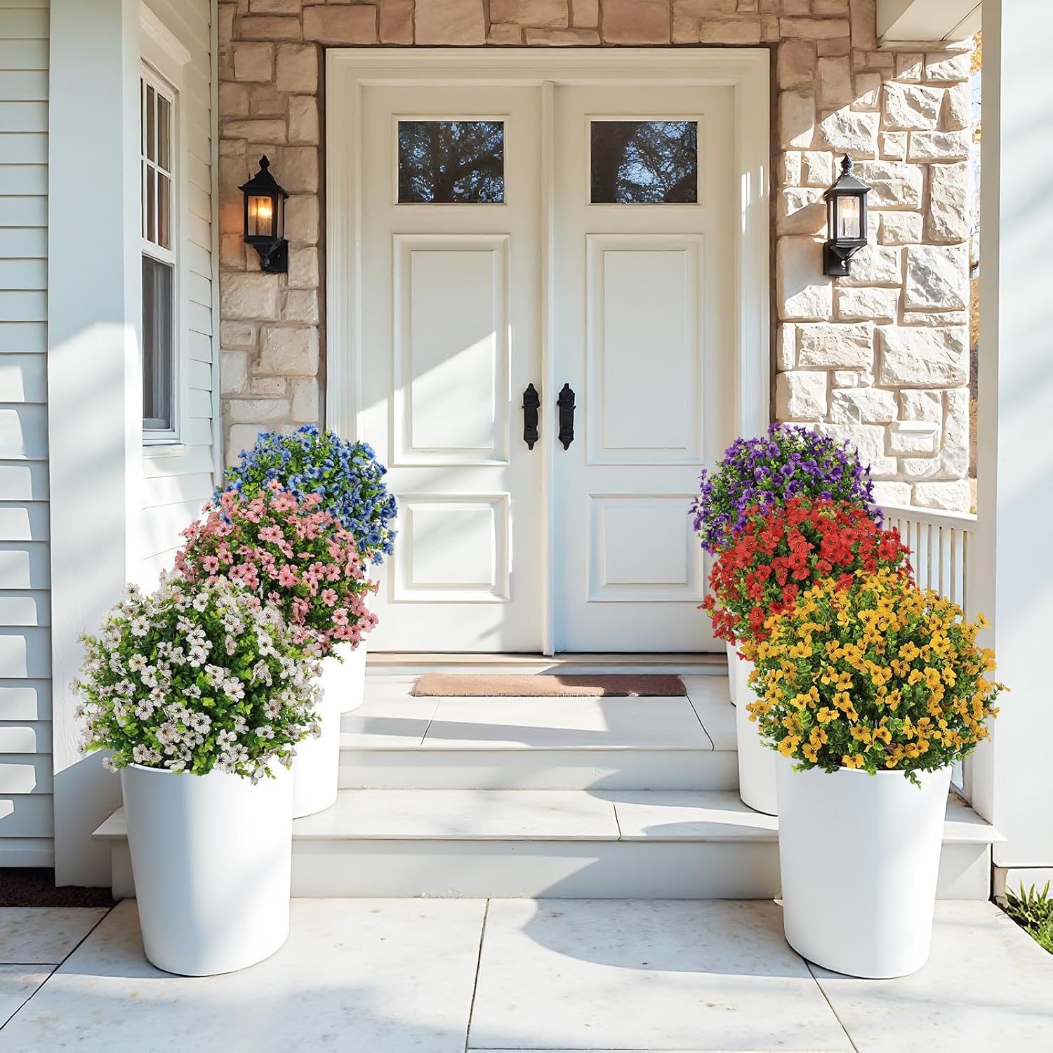 24" Artificial Eucalyptus Potted Plants Outdoor Set of 2 – UV Resistant Faux Topiary Greenery Fake Mums with Purple Silk Flowers in Cement Pots for Front Porch & Patio Outside Spring Decor