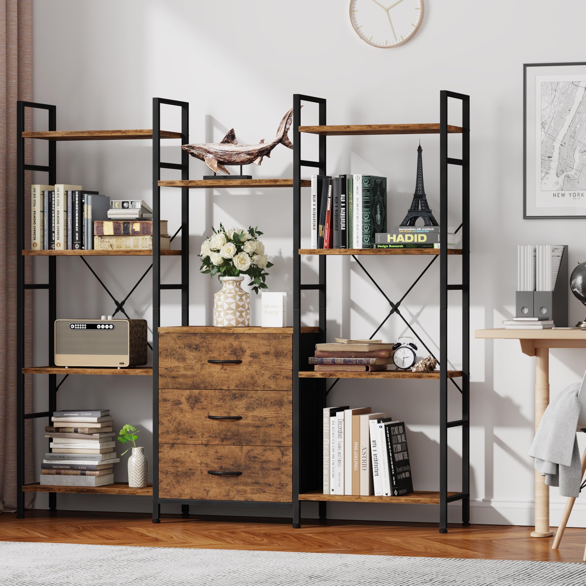 Libreria Estanteria de Alto 120W x142Hcm con 3 Cajones de Tela, Estanteria Libros de 4 Niveles, Estantería Grande de 120 cm de Ancho para Sala de Estar Dormitorio Estudiar Marrón Rústico