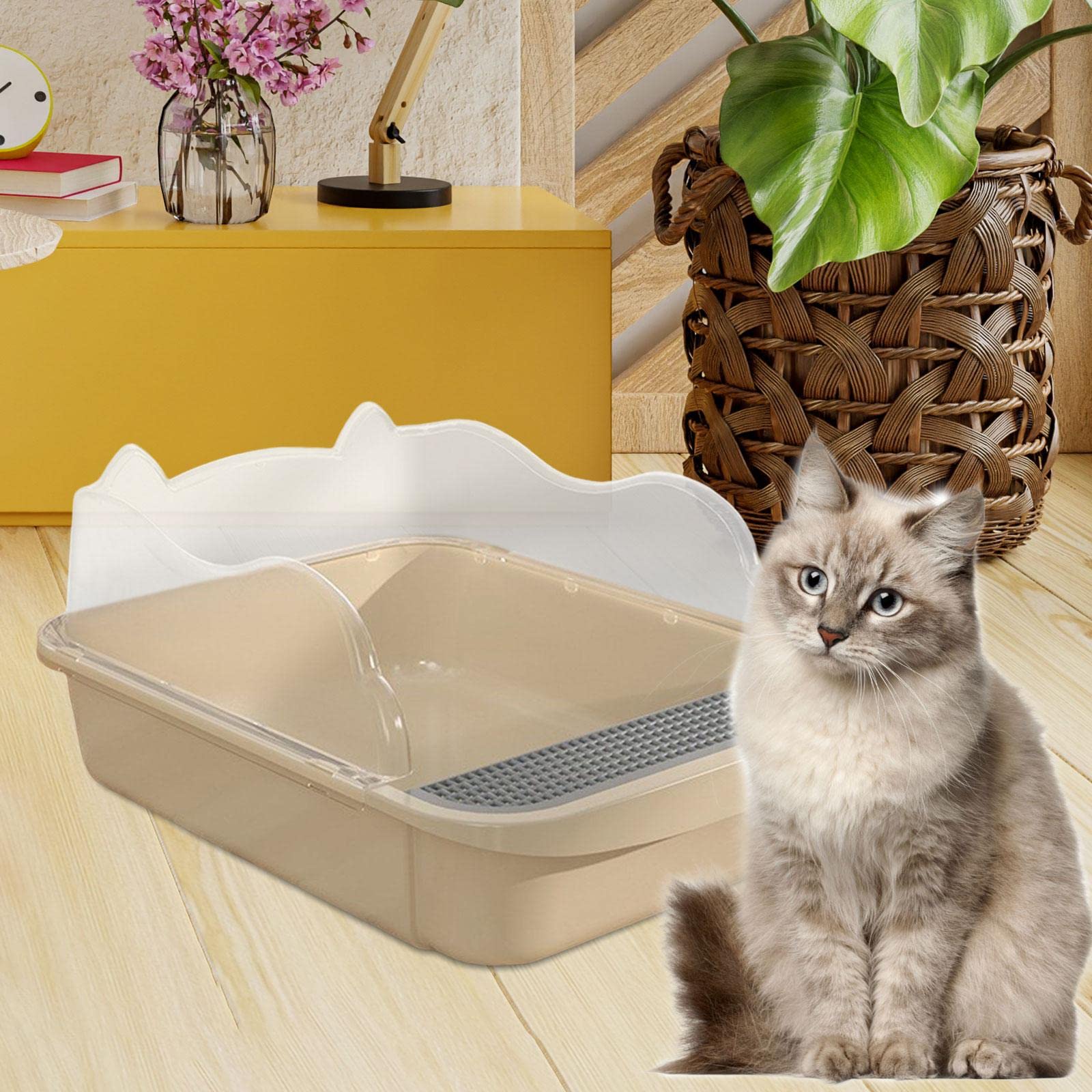 Bac à Litière Ouvert, Bac à Litière Profond, Bac à Litière pour Chats Seuls et Foyers avec Plusieurs Chats, 48x37x20cm Kaki