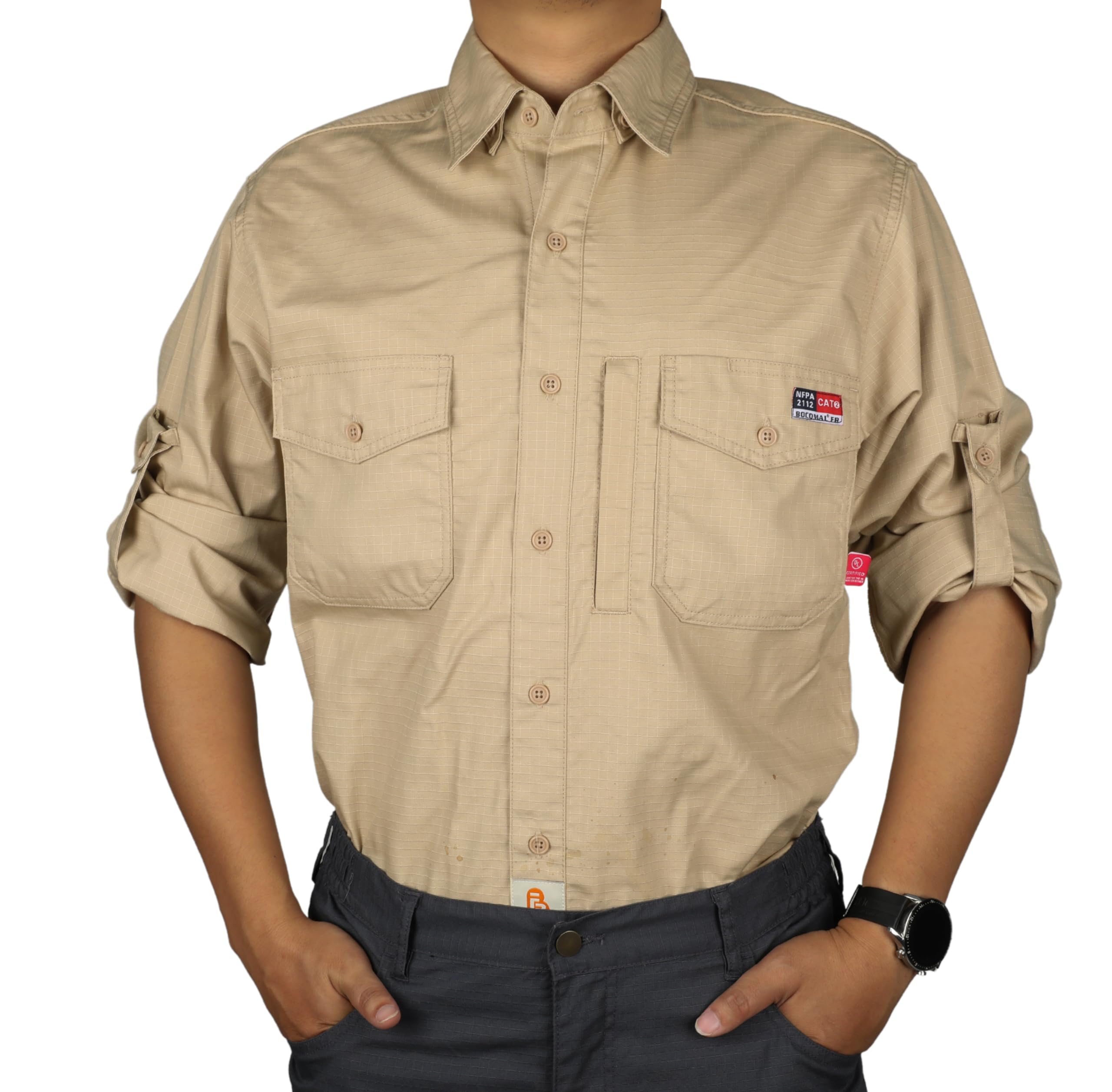 BOCOMAL FR Shirts 6oz Ripstop Durable Rugged Zipper Pocket Water Repellent Finish Fire Resistant Shirt-CAT2