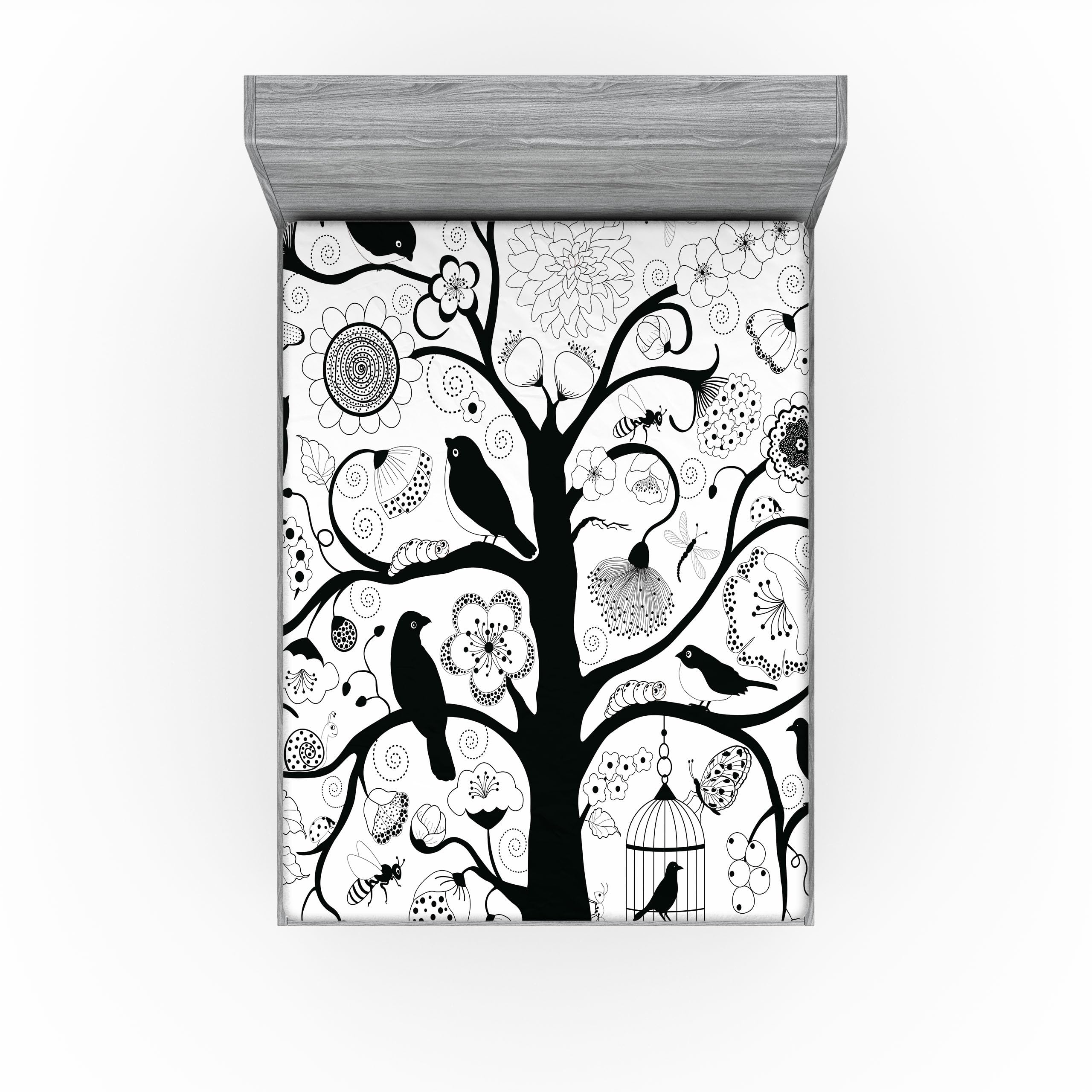 Ambesonne Black White 2 Pack Fitted Sheet, Tree Flowers Birds, Bed Cover All-Round Elastic Deep Pockets 2 Pieces, Package Contains 2 Full Size Fitted Sheets, White Black