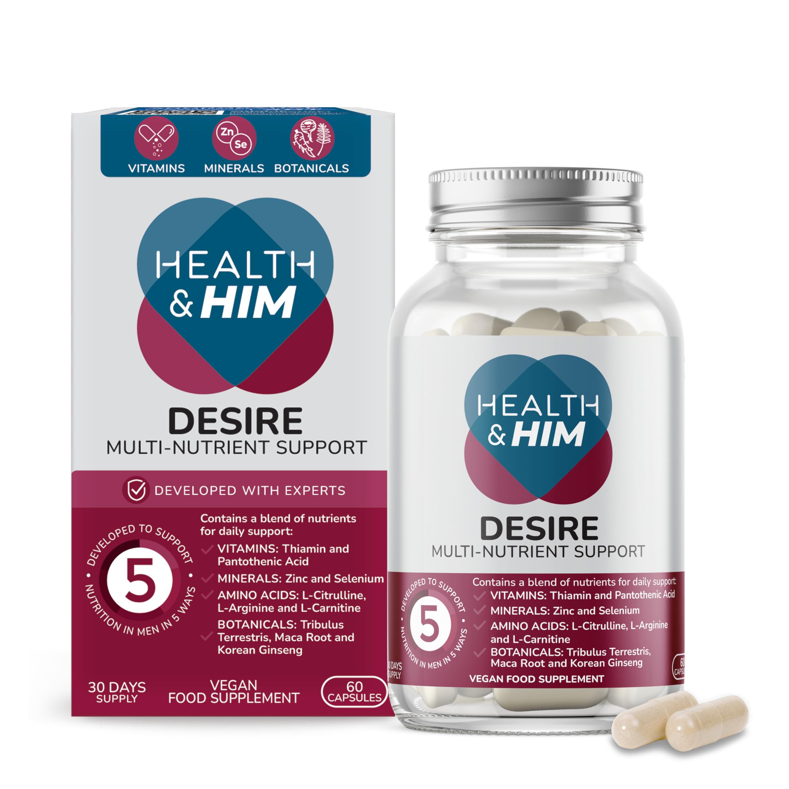 Health & Him Desire Supplements for Men - 60 Capsules - Supplements for Men with Maca Root & Korean Ginseng - Vegan, Gluten-Free