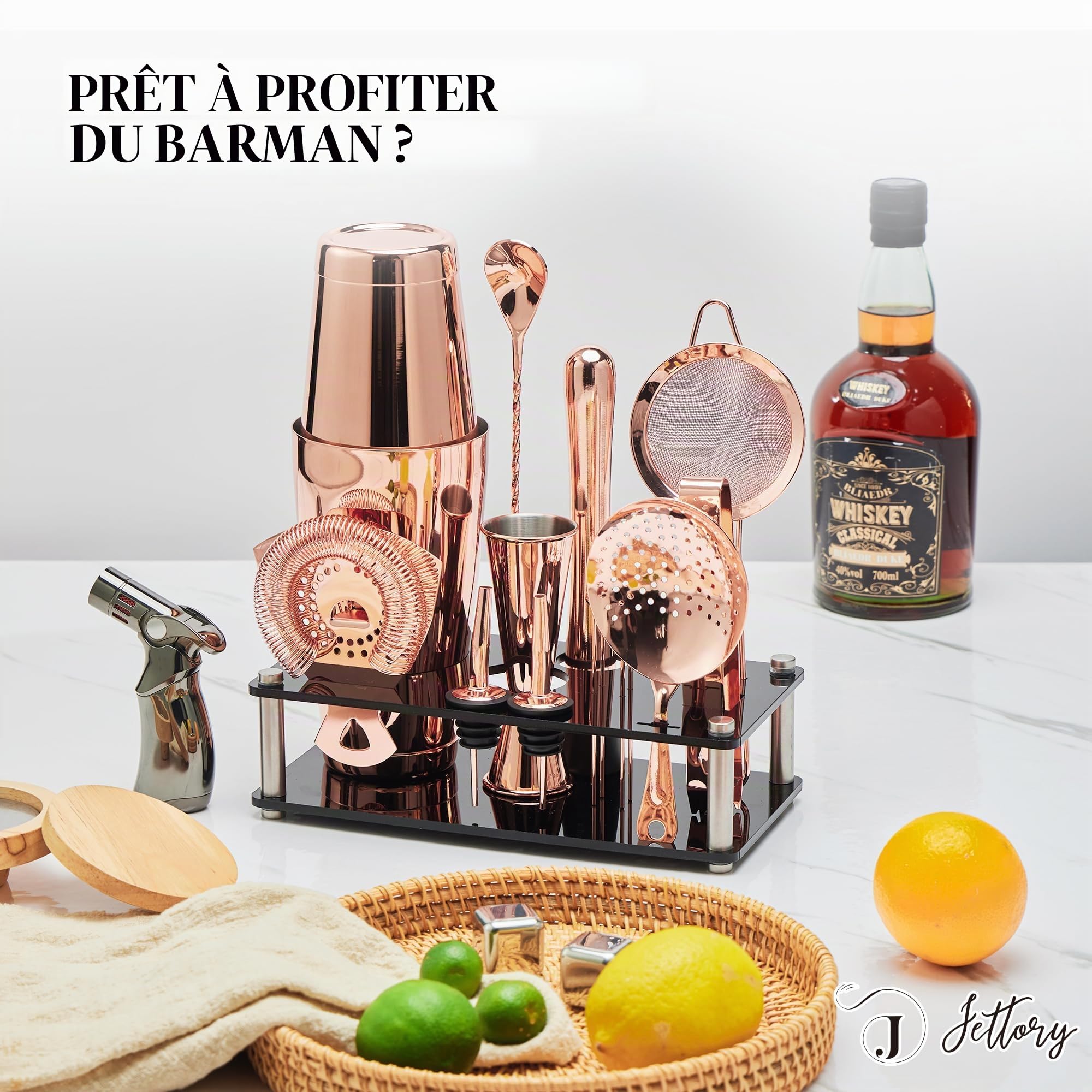 Set Shaker Boston 16 Pièces - Kit Barman en Acier Inoxydable 304 avec Support Acrylique, Passoire, Cuillère, Jigger, Pilon, Pince à Glace, Verseurs et Picks à Cocktail (Or Rose)