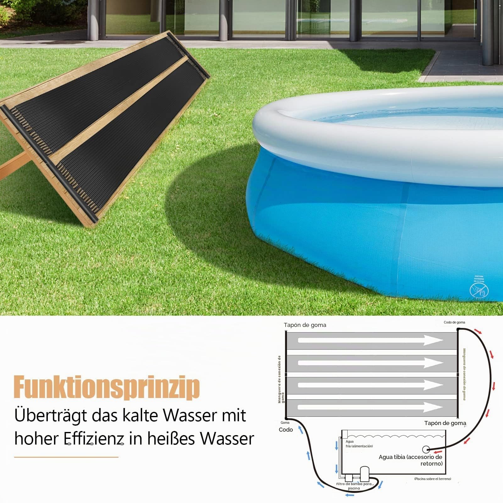 FANTASK Calefacción Solar para Piscina 600 x 75 cm, colector Solar para Piscina de Polietileno Resistente a los Rayos UV, Paneles solares enrollables, Calentador para Piscinas de hasta 25800 L, Color