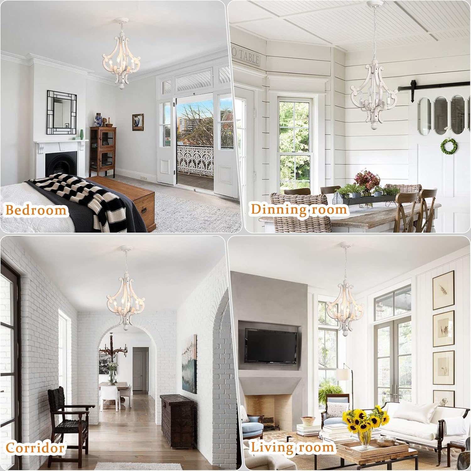 Wooden Farmhouse Chandelier 4 Lights Rustic Antique White Chandeliers for Dining Room French Country Chandelier Orb Pendant light Fixtures Hanging for Kitchen Living Room Foyer Bedroom Entryway