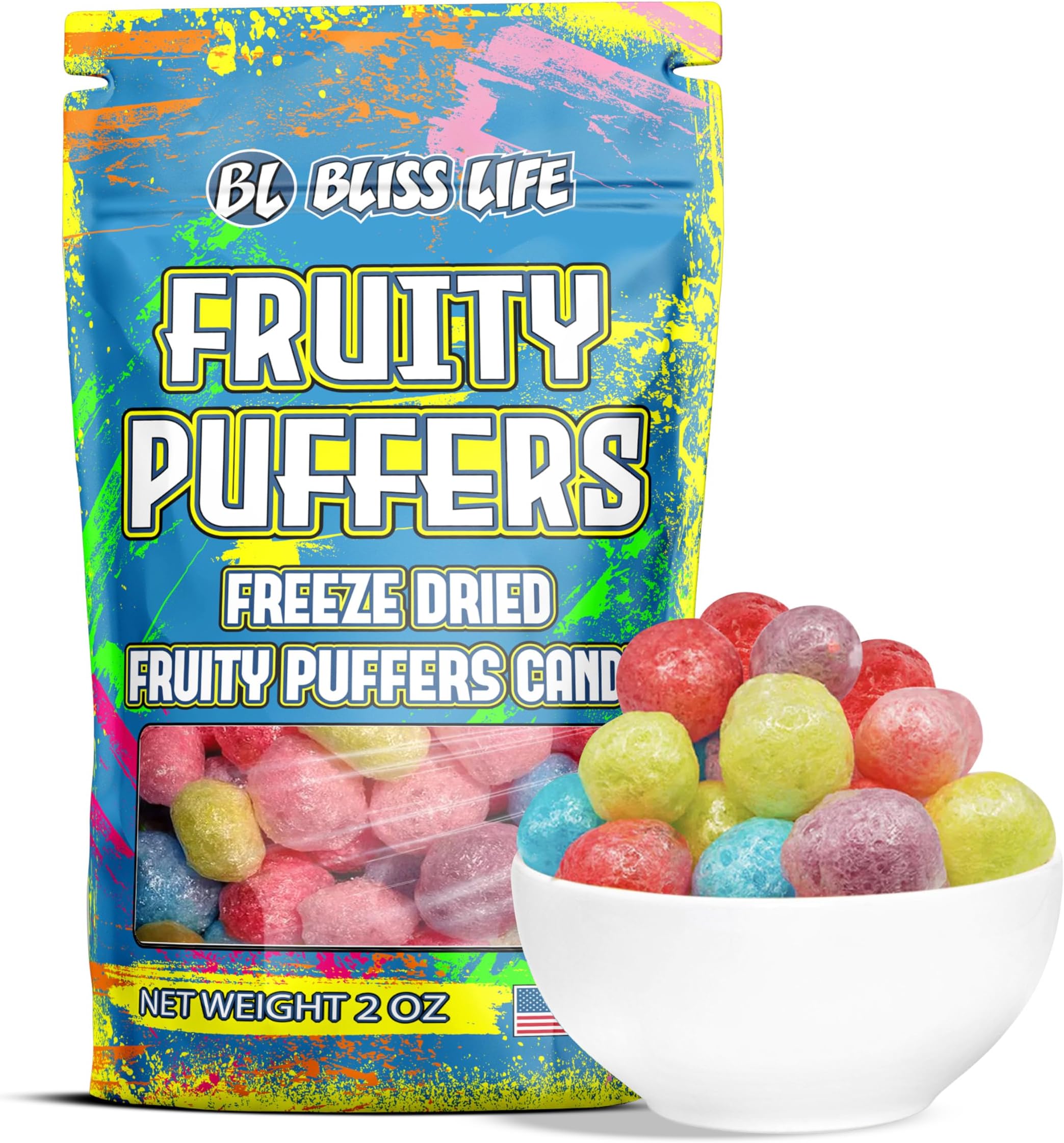 Bliss Life Fruity Puffers Freeze Dried Candy, Crunchy Sweet, For Parties, Classroom, Office, Goodie Bags, Snack for Kids (2oz)