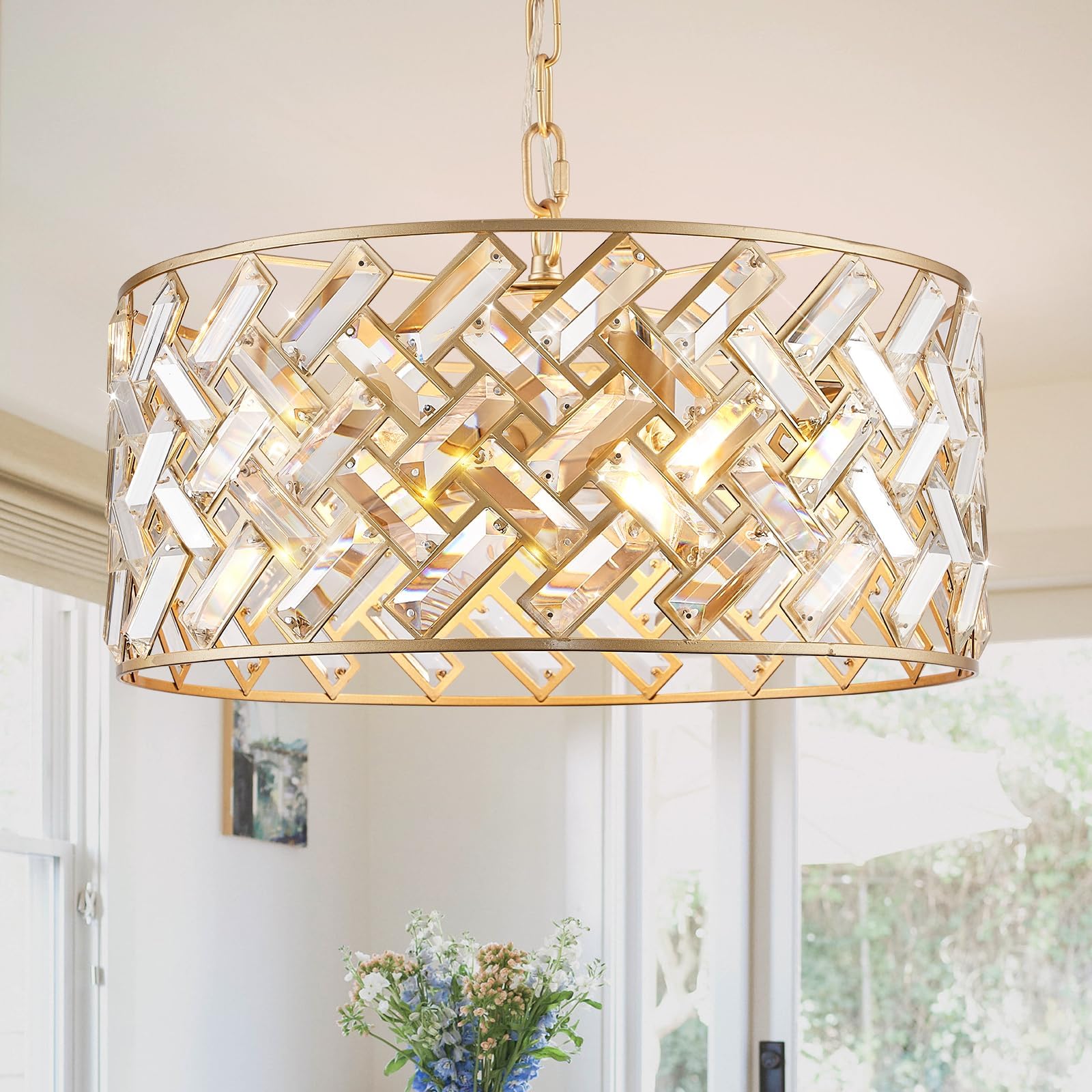 CATINER Gold Crystal Chandelier Modern 18" Round Semi Flush Mount ...