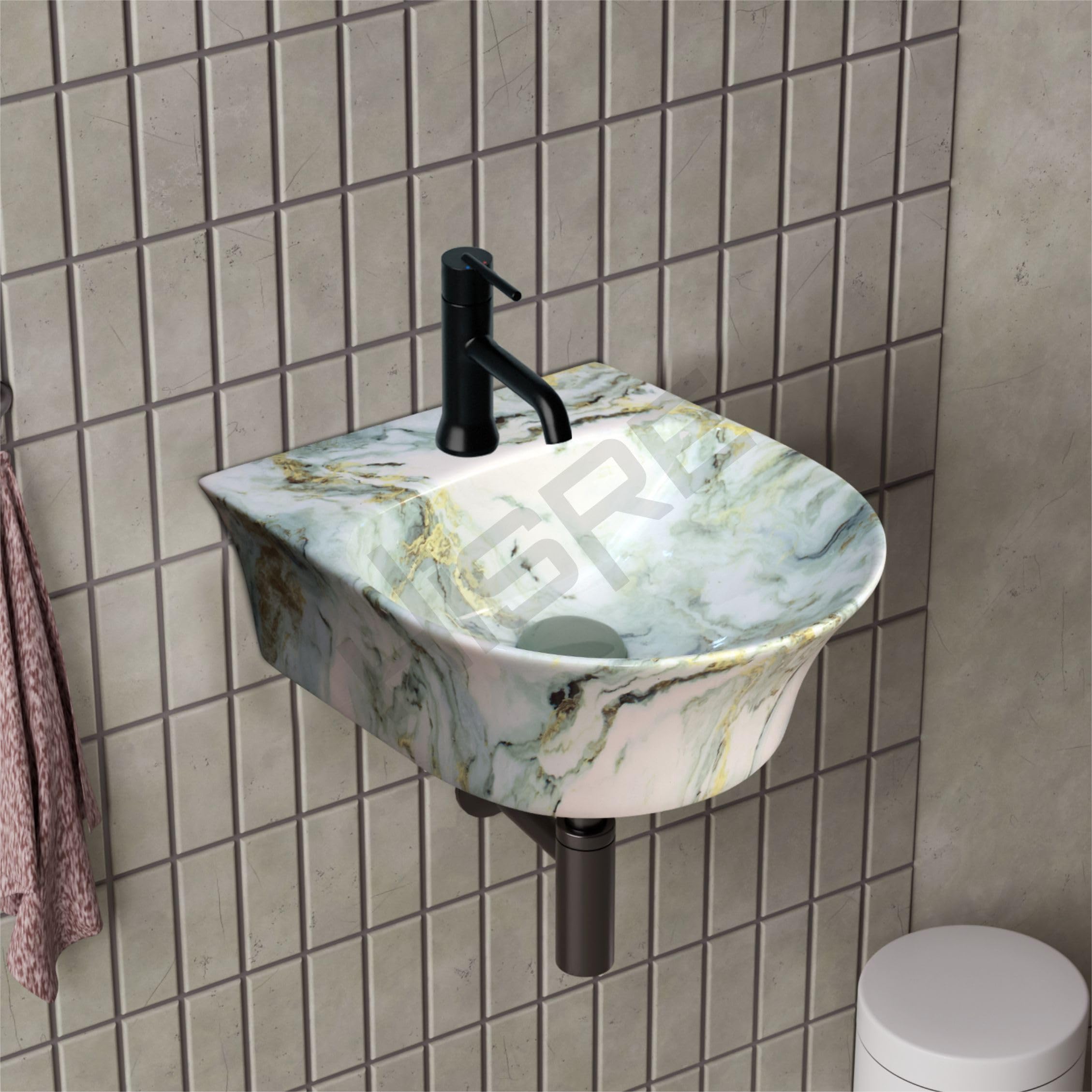 HISRE Wall Mount Wash Basin | White Ceramic Sink with Green and Golden Marble Texture | Stylish Rounded Rectangular Bathroom Basin for Modern Home & Office Décor, photo 1 of 5