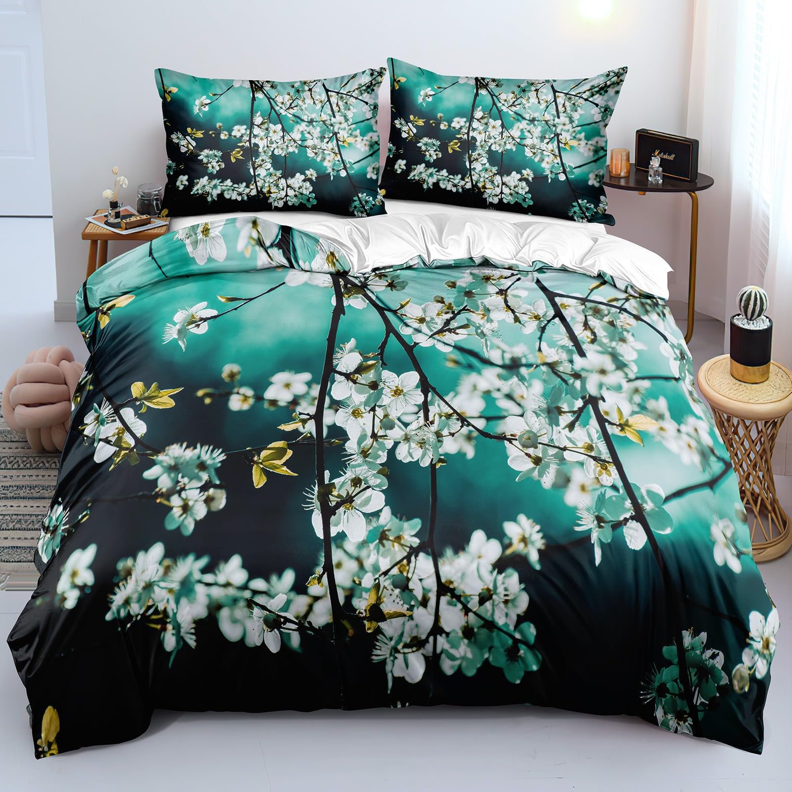 Blanc housse de couette 100% microfibre premium motif fleur 3D grand lit 240 x 260 cm