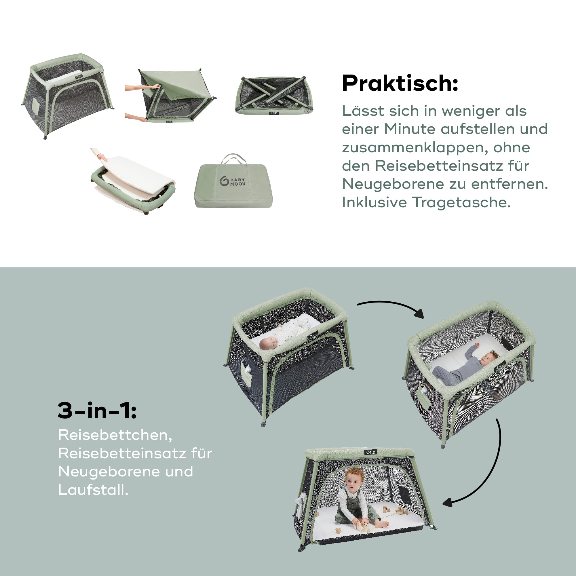 Babymoov Moov & Comfy 3-in-1 Reisebett für Babys und Kleinkinder - bis 20kg, mit zwei Ebenen, Beistellbett für Neugeborene