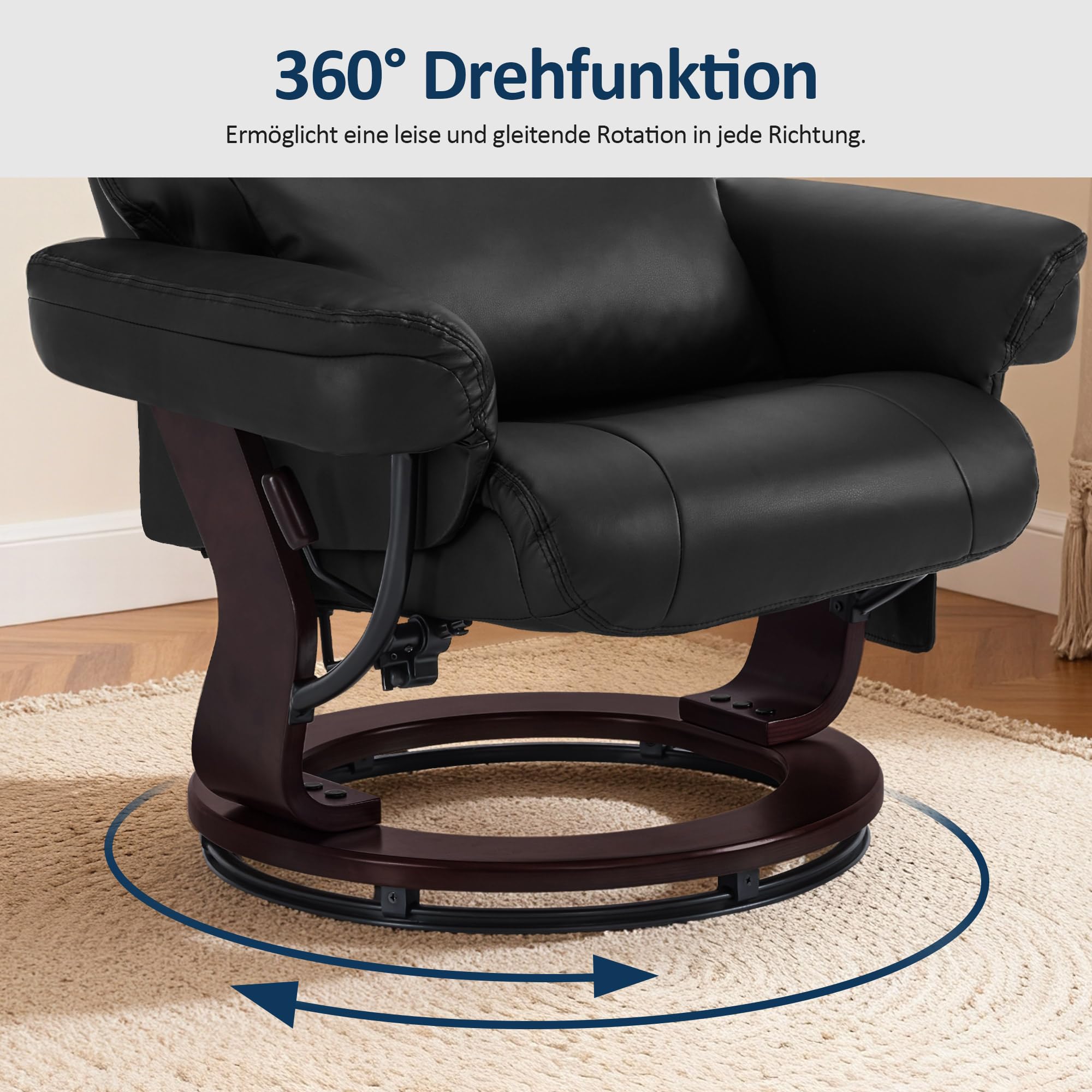 M MCombo Relaxsessel mit Liegefunktion, Lesesessel, 360° Drehbarer Fernsehsessel mit Hocker, mit Kissen & Seitentasche, bis 120 Kg Belastbarer TV-Sessel für Wohnzimmer, 9035 (Schwarz-Kunstleder)