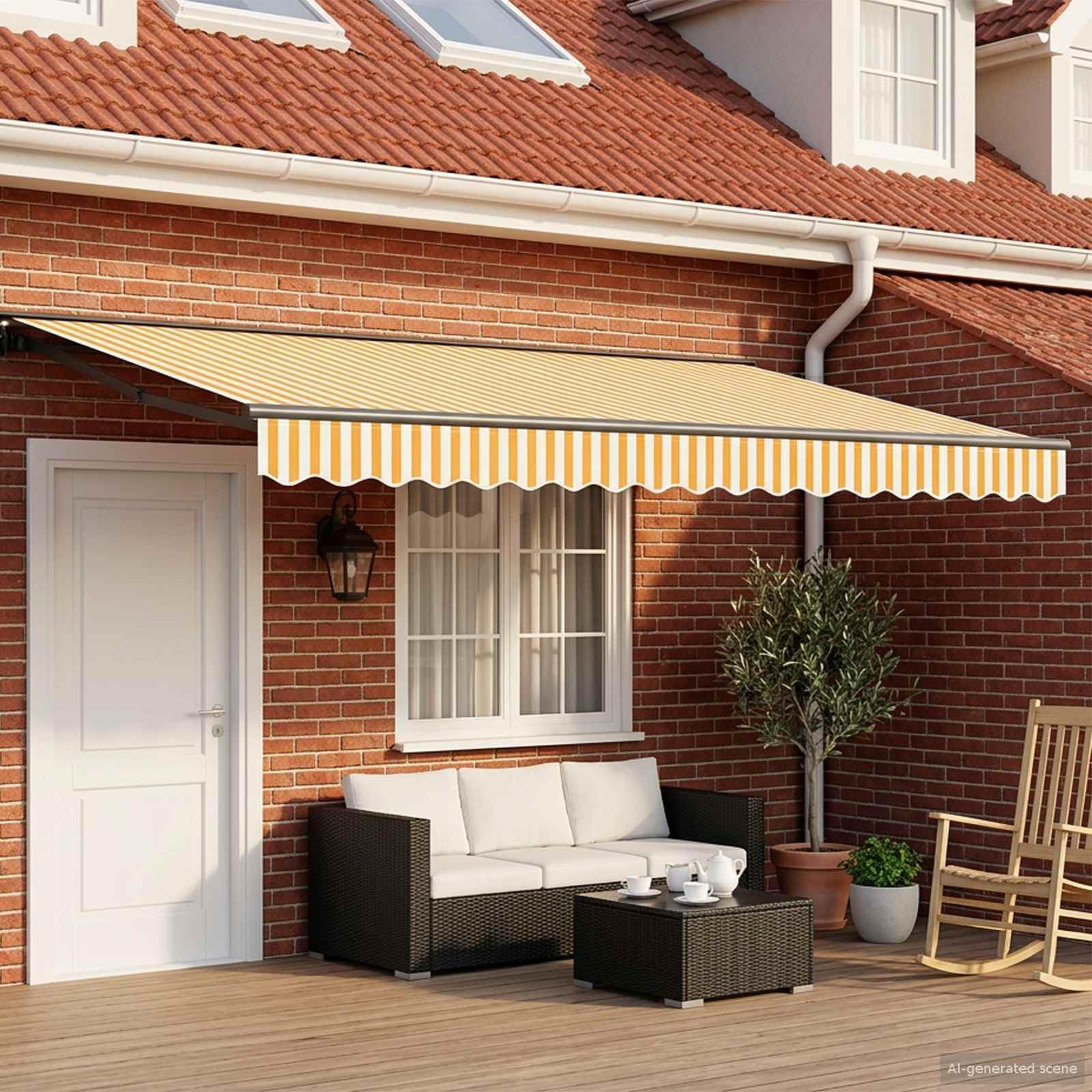 Tmriohed Elektrische Markise 4x2m Ausziehbar, Gelenkarmmarkise mit Fernbedienung und Handkurbel, Halbkassette Sonnenmarkise für Terrasse und Balkon, Stabiler Metallrahmen, Gelb Weiß Anthrazit Garden