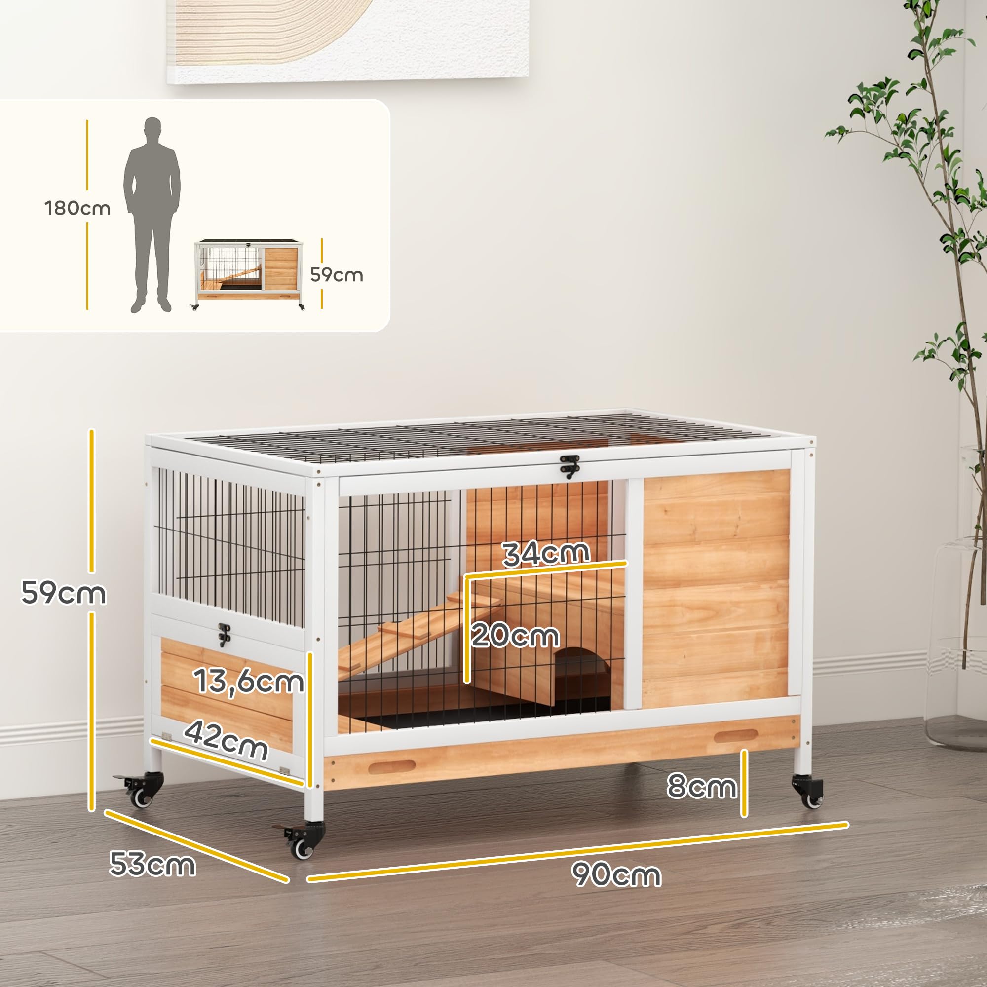 PawHut Jaula para Conejos de Madera Conejera para Mascotas Pequeñas Portátil Interior con Techo Abrible Rampa Bandeja Extraíble para Conejillos de Indias 90x53x59 cm Madera Natural