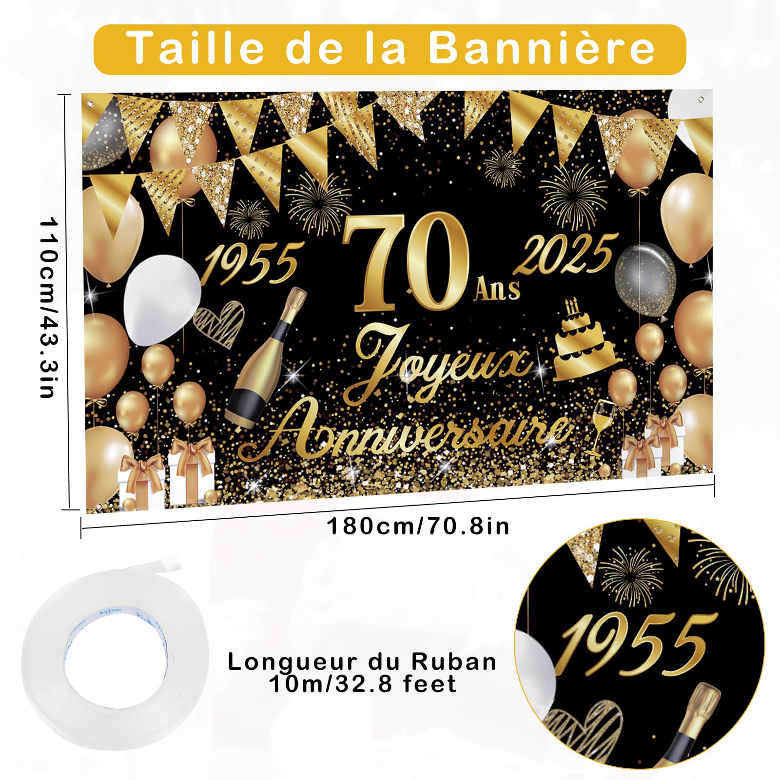 Bannière Anniversaire "Unique Depuis 1955" - Dorée à Paillettes Pour Fête 70 Ans