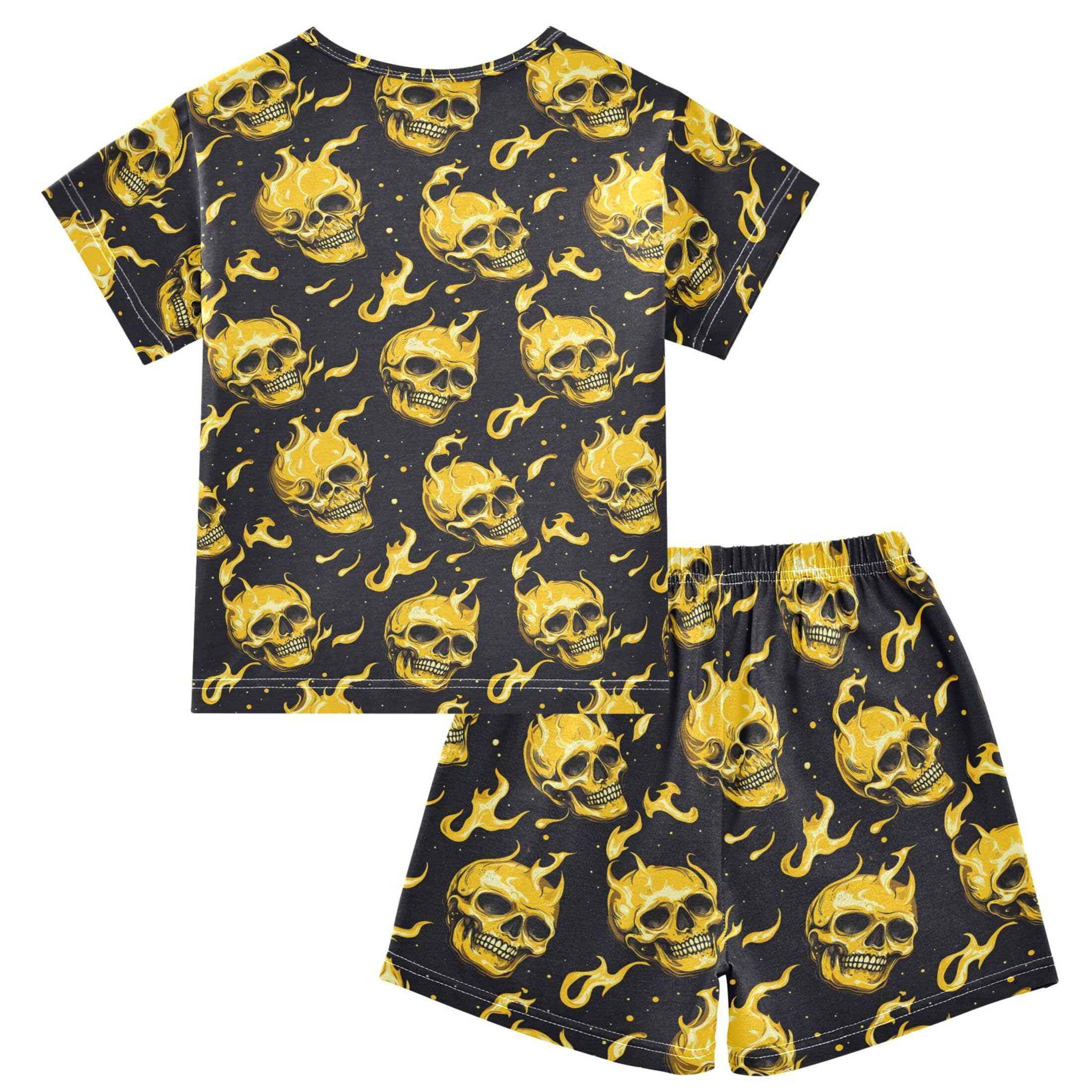 UMIRIKO Skull Fire Summer Short Sleeve Pajamas Sleepwear PJ Set B0404429