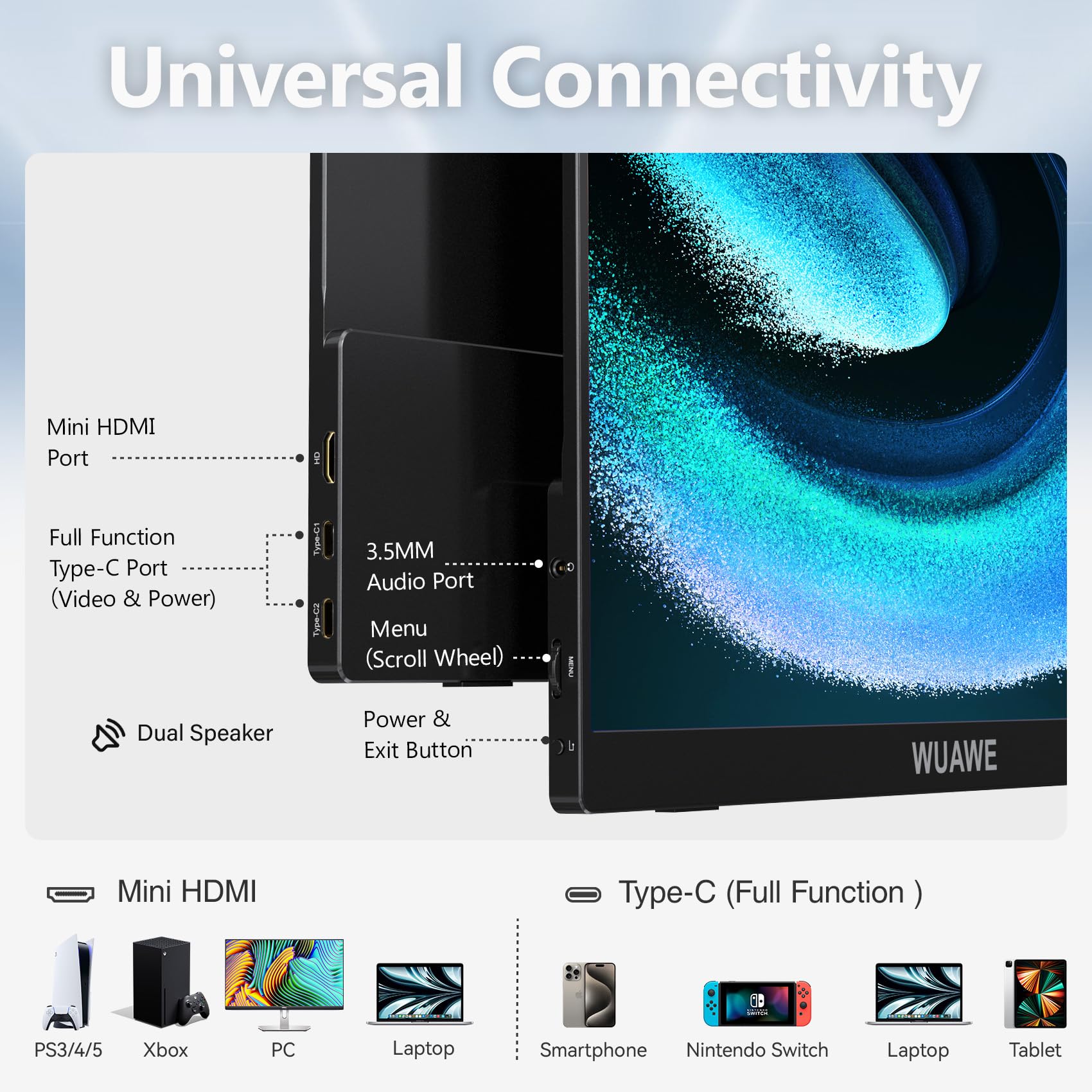 WUAWE モバイルモニター15.6インチ ポータブルモニター フルHD WUAWE 15.6ポータブルモニター 1080P フルHD モバイルモニター