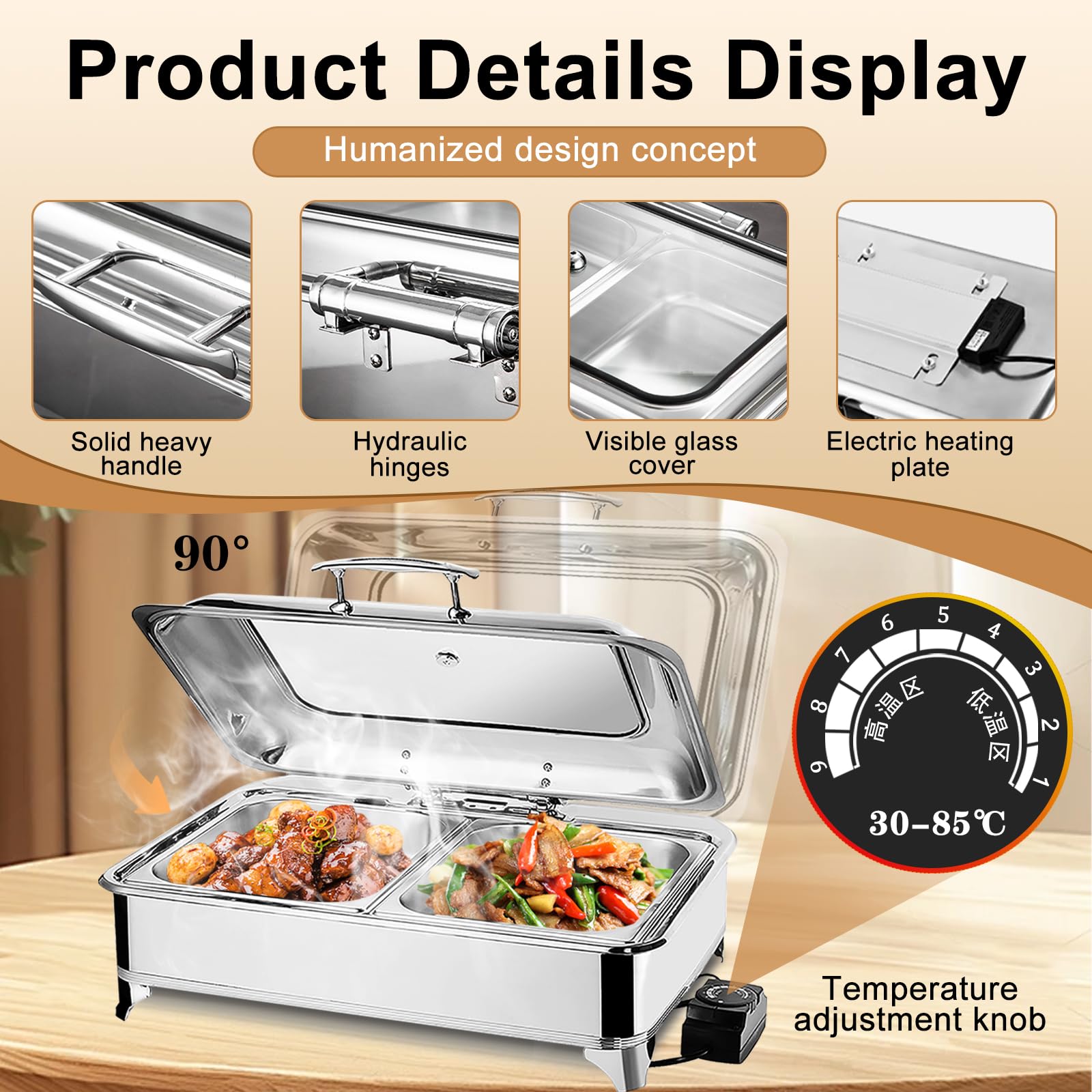 Chafing Dish Elettrico, 9L Scaldavivande Buffet Elettrico, Acciaio Inox Scaldavivande Catering Buffet, Scaldavivande Elettrico Ristorante con Coperchio Trasparente per Catering, Party (1/1)