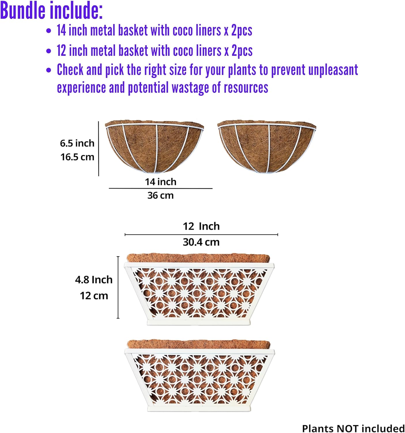 LalaGreen Bundle - 2 Pack,12 Inch White Rectangular + 2 Pack,14 Inch White Metal Wire Hanging Planter with Coco Liner,Horse Trough Window Fence Railing Deck Balcony Flower Outdoor Basket Holder Decor