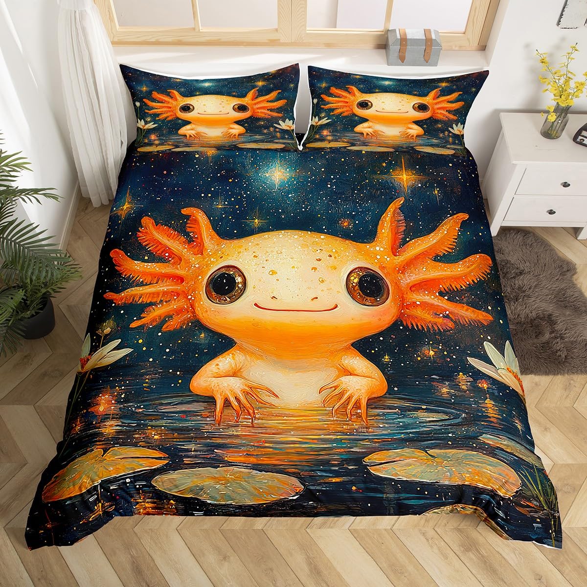 Homewish Cartoon Axolotl Tröster Abdeckung 135x200 für Kinder Jungen Mädchen,Nette Axolotl Bettwäsche Set Sternenhimmel Blumen Bettbezug Wildlife Tier Floral Bett Set 1 Kissenbezug