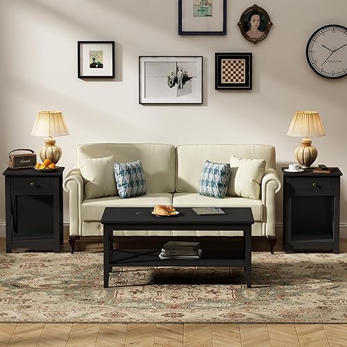 Miniatura 7 de Treocho Juego de 2 mesas auxiliares negras, mesita de noche moderna con diseño X, mesa auxiliar con almacenamiento abierto para lugares pequeños,