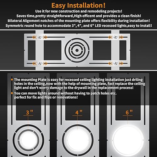Miniatura 5 de Placa de montaje de nueva construcción, 3-4-6 pulgadas, kit de carcasa de iluminación empotrada LED, accesorio de soporte de acero plano áspero para