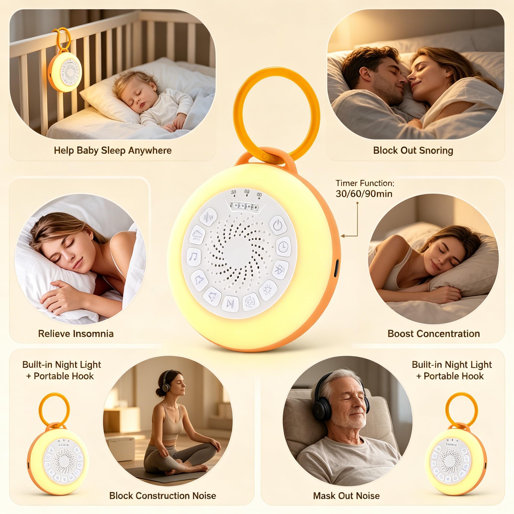 White Noise Machine Baby, Weißes Rauschen Gerät mit Nachtlicht, 28 Beruhigende Schlaflieder & Naturgeräusche, 3 Timer-Einstellungen, 7 Bunte Beleuchtung, Bluetooth-Lautsprecher & USB