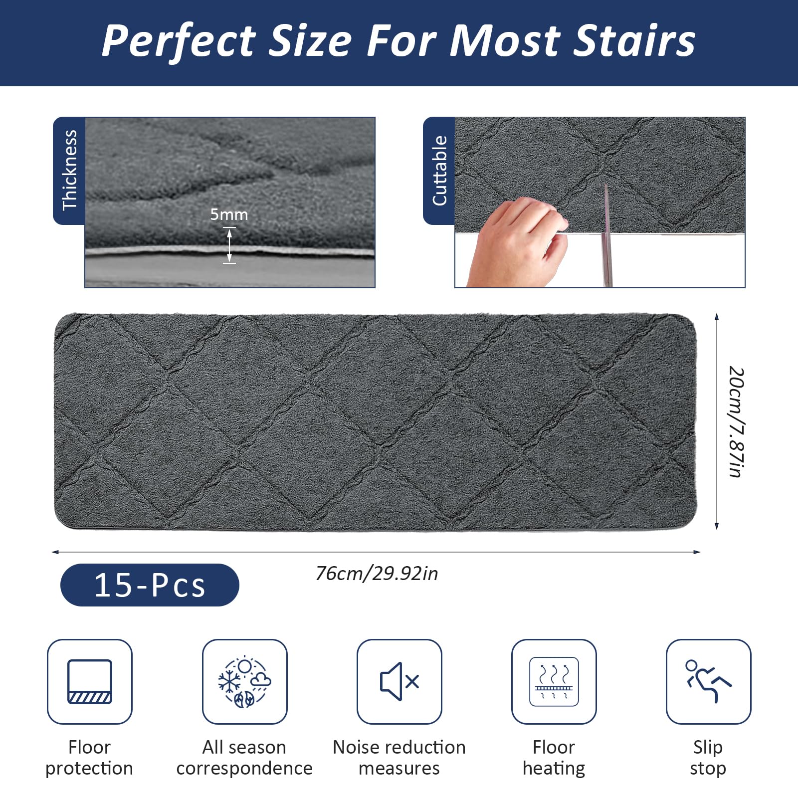Bocguy 15 Piezas Alfombrillas para Escaleras Antideslizantes, 76 x 20 cm Alfombrillas Autoadhesivas Escalones Interiores, Recortables y Reutilizables, Protección para Mascotas, Mayores, Niños