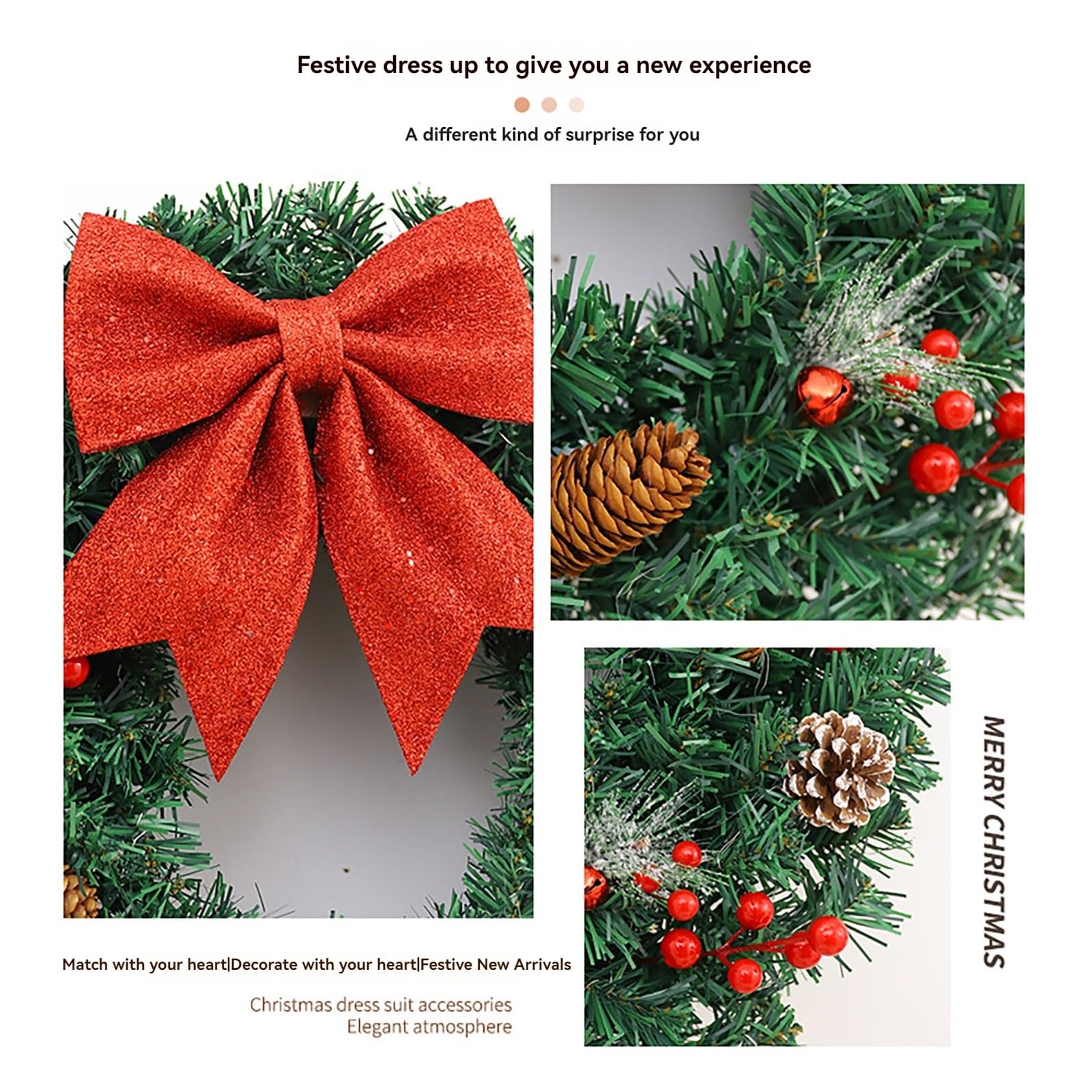 Couronne De Noël 60cm, Couronne De Noël pour Porte D'entrée Couronnes De Porte De Noël avec Lumière LED Cones De Pin Feuilles De Cèdre Couronne Artificiell(50cm)