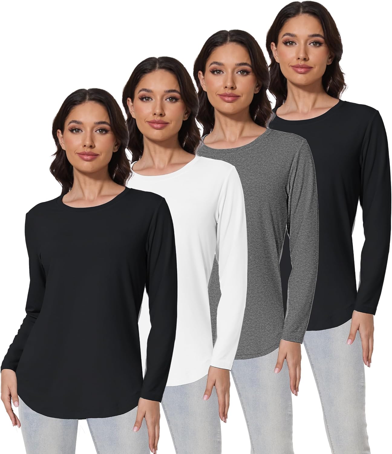 4 Pack Womens Long Sleeve Tunic Tops for Leggings Loose Fit Tee Shirts Crew Neck Plus Size T Shirts Blouses Tops