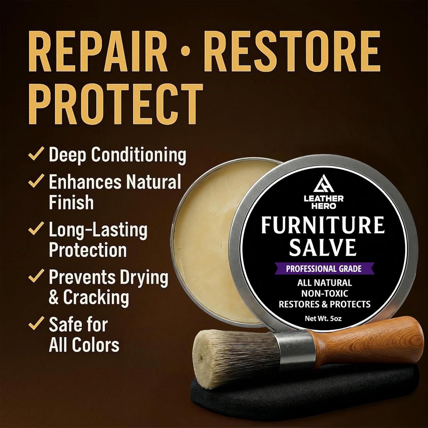 3-in-1 Furniture Salve for Leather & Wood – Polisher, Conditioner, & Restorer for Couches and Furniture- Leather Repair Salve with Brush & Buffing Pad- 5oz - Image 5