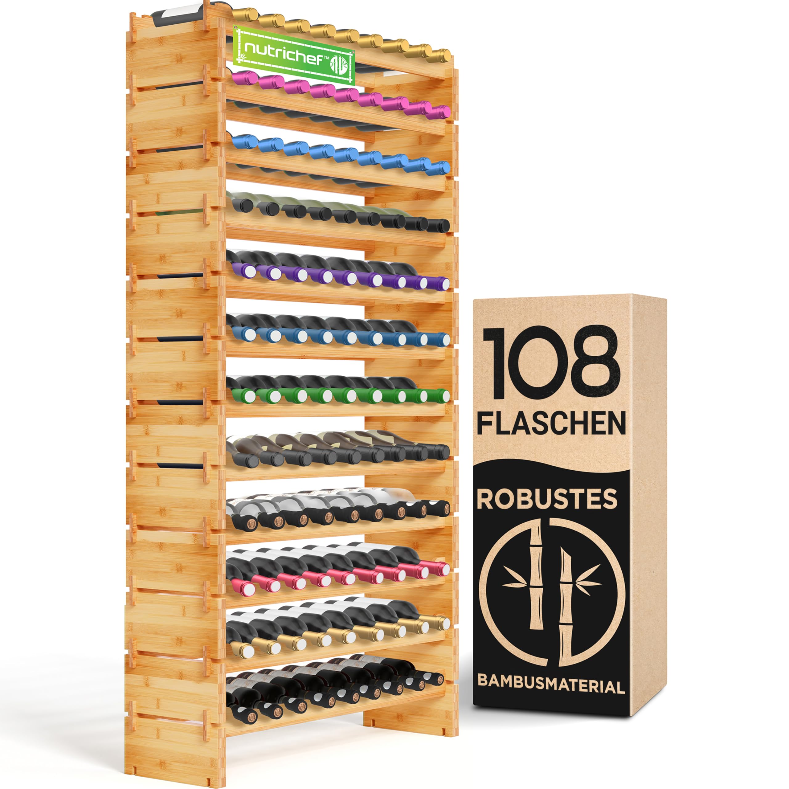 NutriChef Regal Schmal Weinregal aus Bambus Holz – 108 Flaschen, 4 Etagen – Stapelbares Flaschenregal für Keller oder Küche – Einfache Montage – 85 x 25 x 159 cm Küche, Haushalt & Wohnen