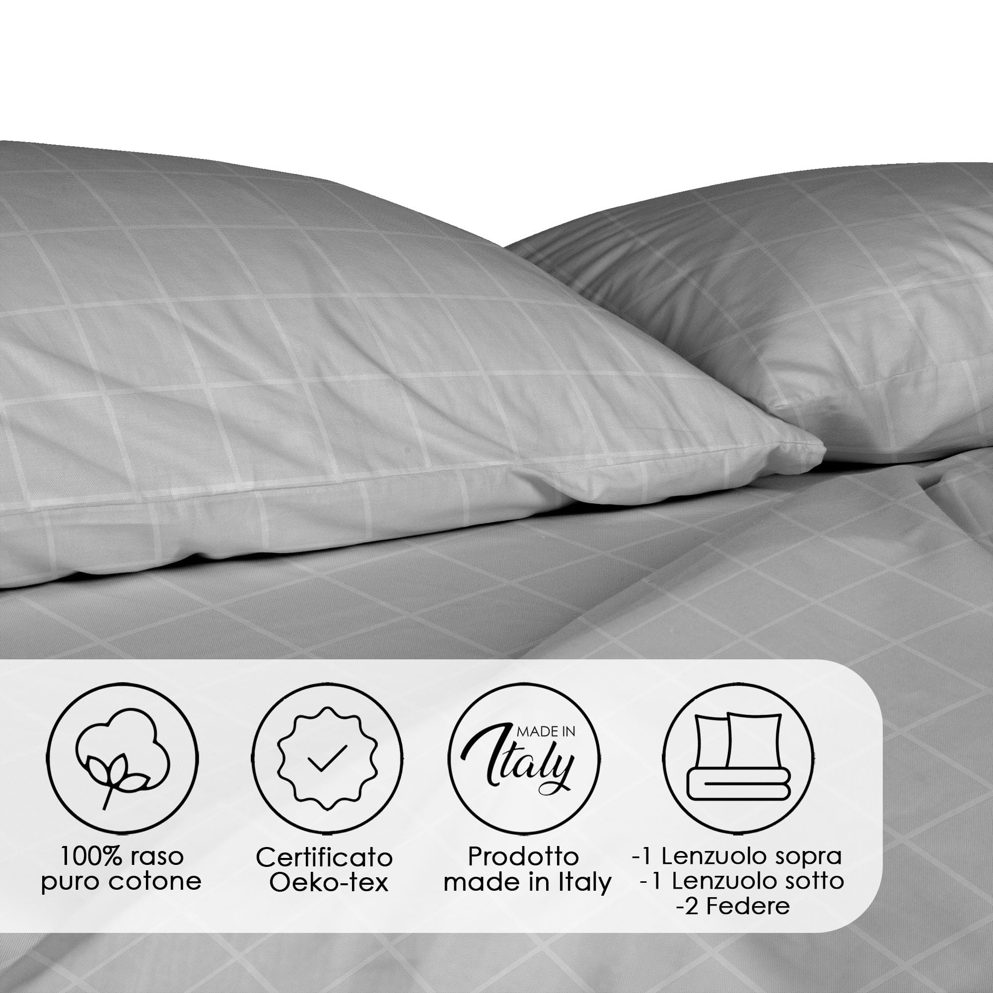 Ruggeri Juego de sábanas – Fabricado en Italia – 100% satén de Puro algodón – Colección de Raso (Cuadros Grises)