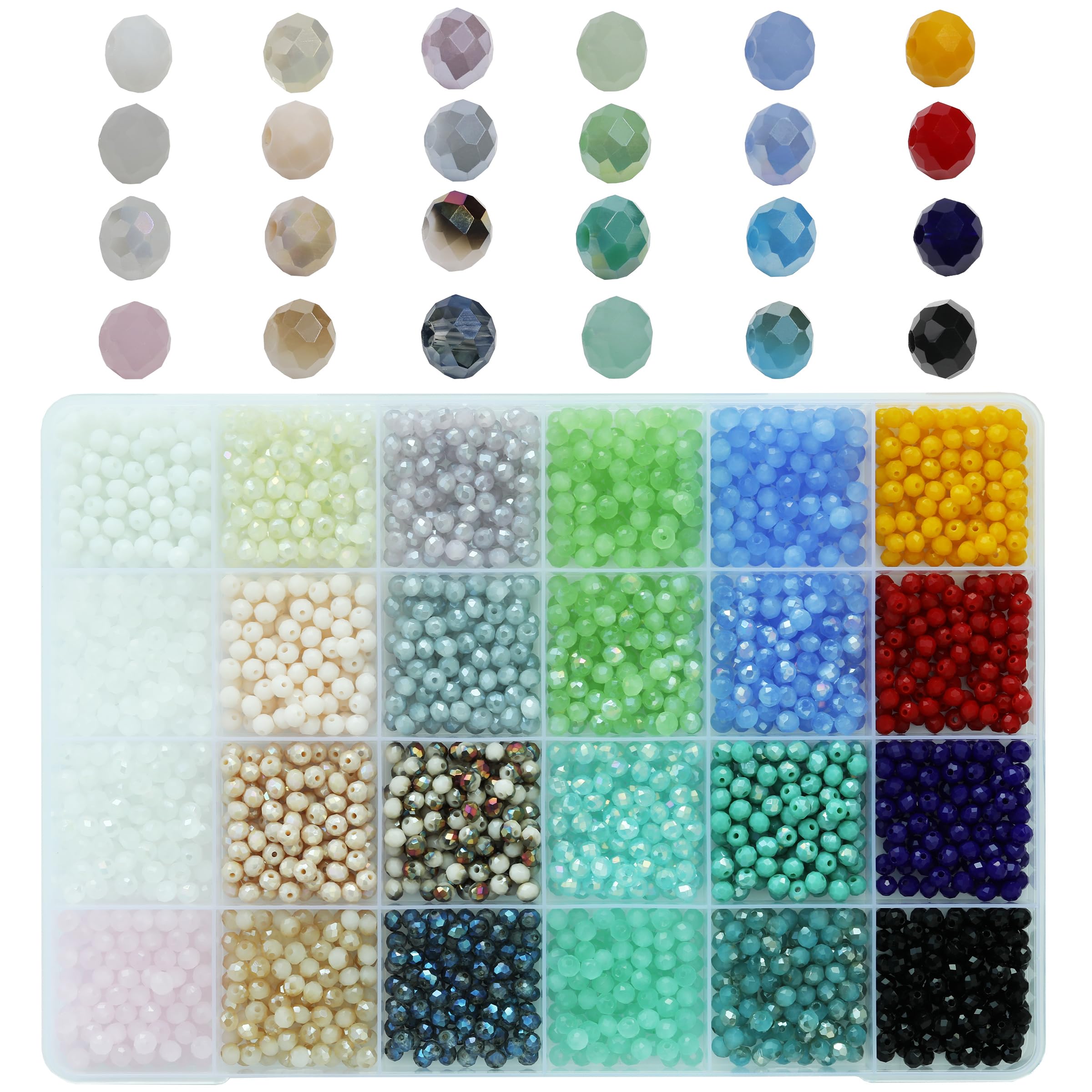 Bala&Fillic Perline briolette in vetro sfaccettato a rondelle, 4 mm, colori opachi, per braccialetti fai da te, 24 colori assortiti, con scatola contenitore (totale 2400 pezzi
