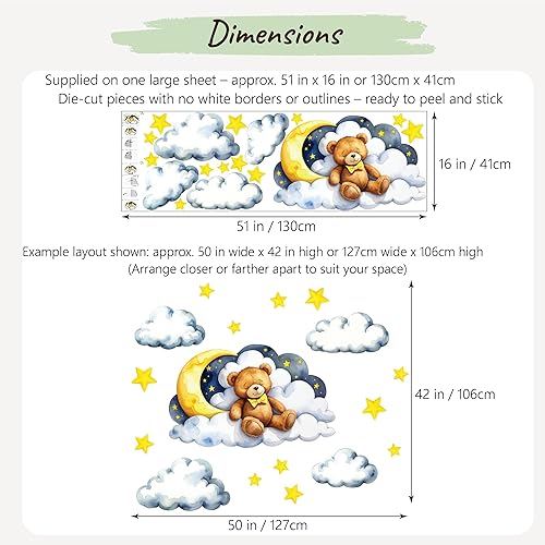 Miniatura 3 de Calcomanía de pared extraíble  Oso de peluche dormido en nube con luna y estrellas  Juego de calcomanías de tela grande para guardería o habitación