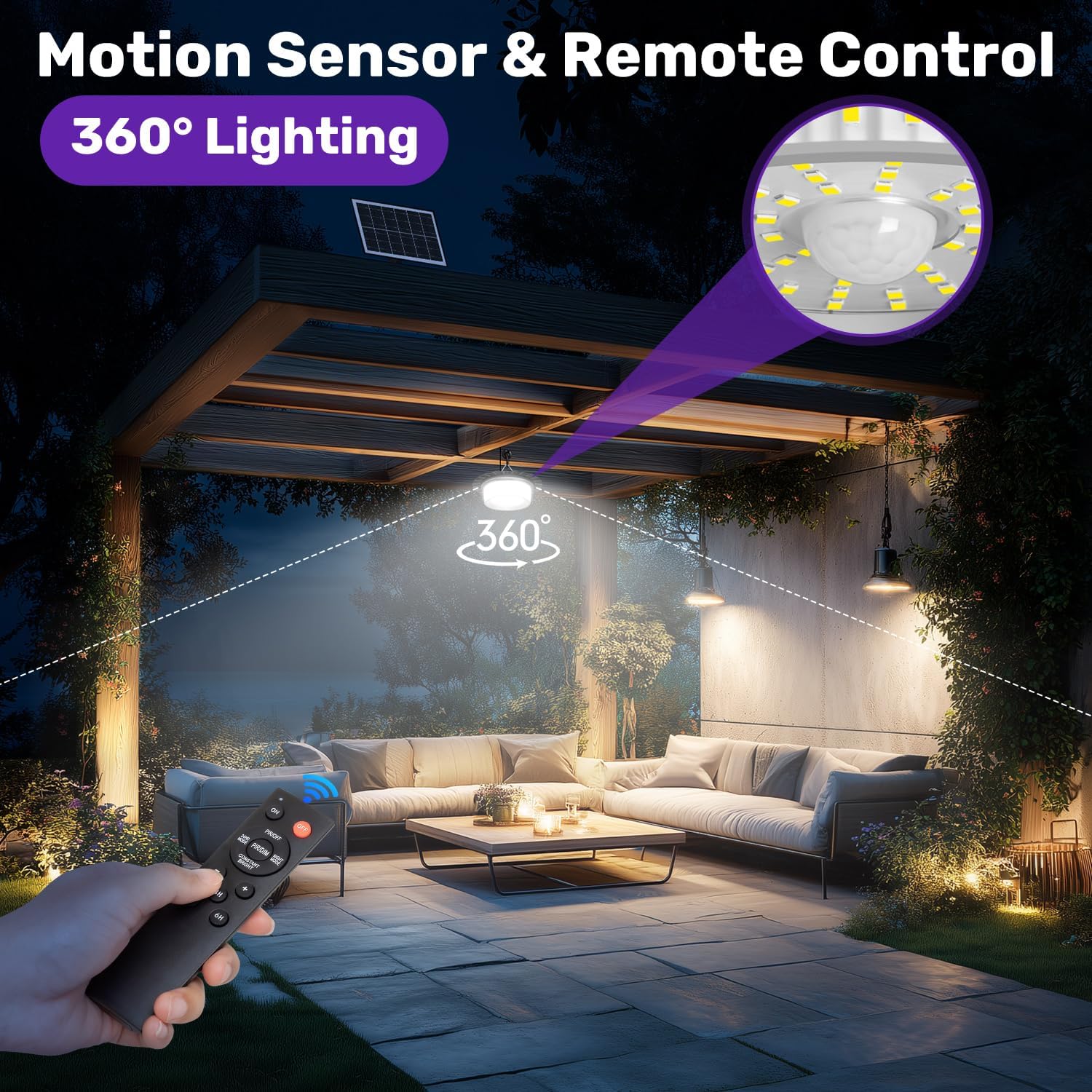 Solar Shed Light Outdoor Indoor, Upgrade 244 LED 360° Lighting Motion Sensor Pendant Light, Waterproof Solar Lights with Remote Control, Timer, 5 Modes for Shed Gazebo Garage Barn (2)