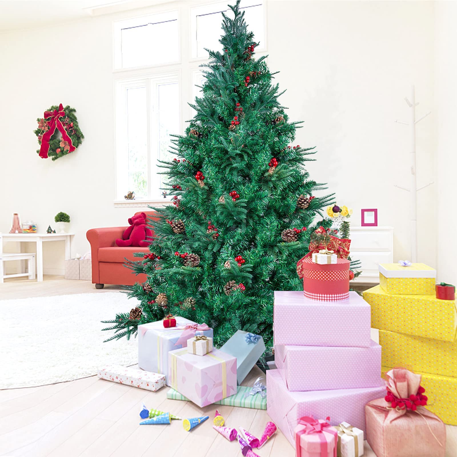 himaly Sapin de Noël Artificiel Pin avec 362 Tronc Vert en Matière PVC, 88 Tronc Vert en Matière PE, 150cm, 39 Pommes de Pin et 39 Fruits Rouges, Décoration de Maison Hôtel Boutique