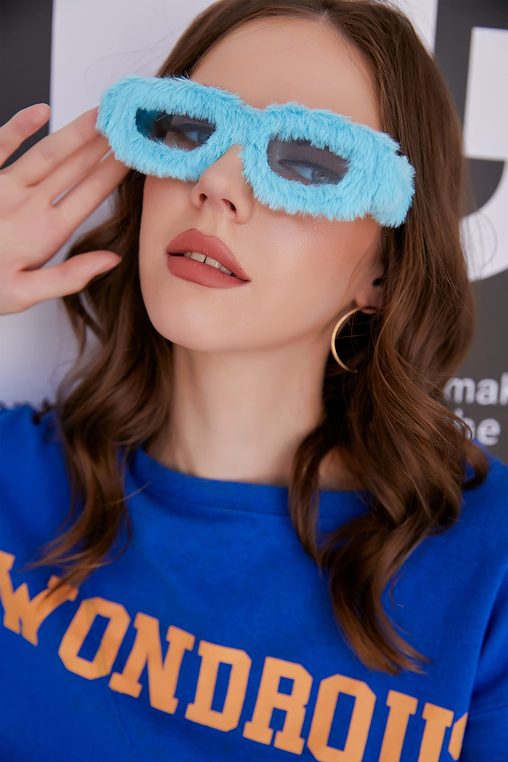 ?Women Black Plush Fuzzy Round Punk Soft Velvet Shades Handmade Sunglasses HS1115 - Women Fuzzy Plush Fashion Fur Heart Shape Fluffy  main image 3