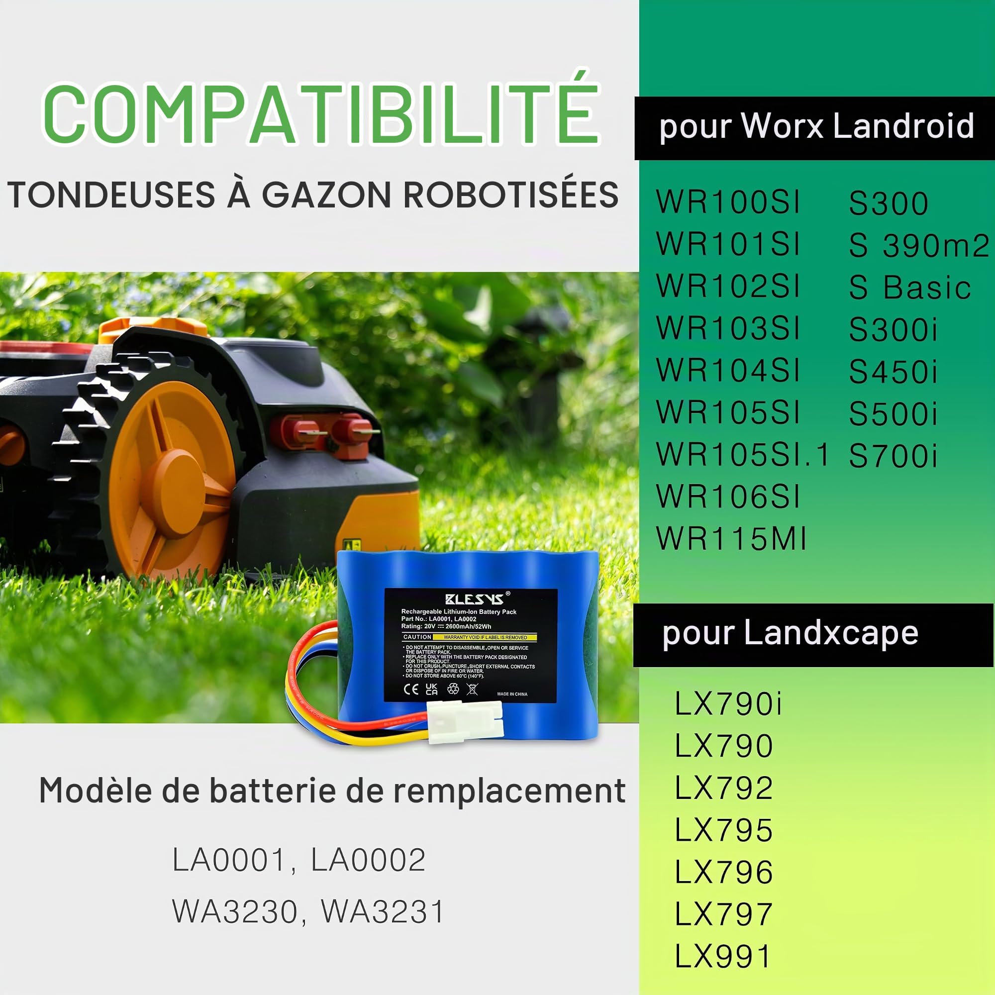 BLESYS Batterie pour Robot Tondeuse Landxcape LX790i LX790 LX792 LX795 LX796 LX797 LX991 Ferrex 800 m2 2021, Batterie de Rechange pour Tondeuse Automatique LA0001 LA0002 WA3230 WA3231 [20V, 2600mAh]