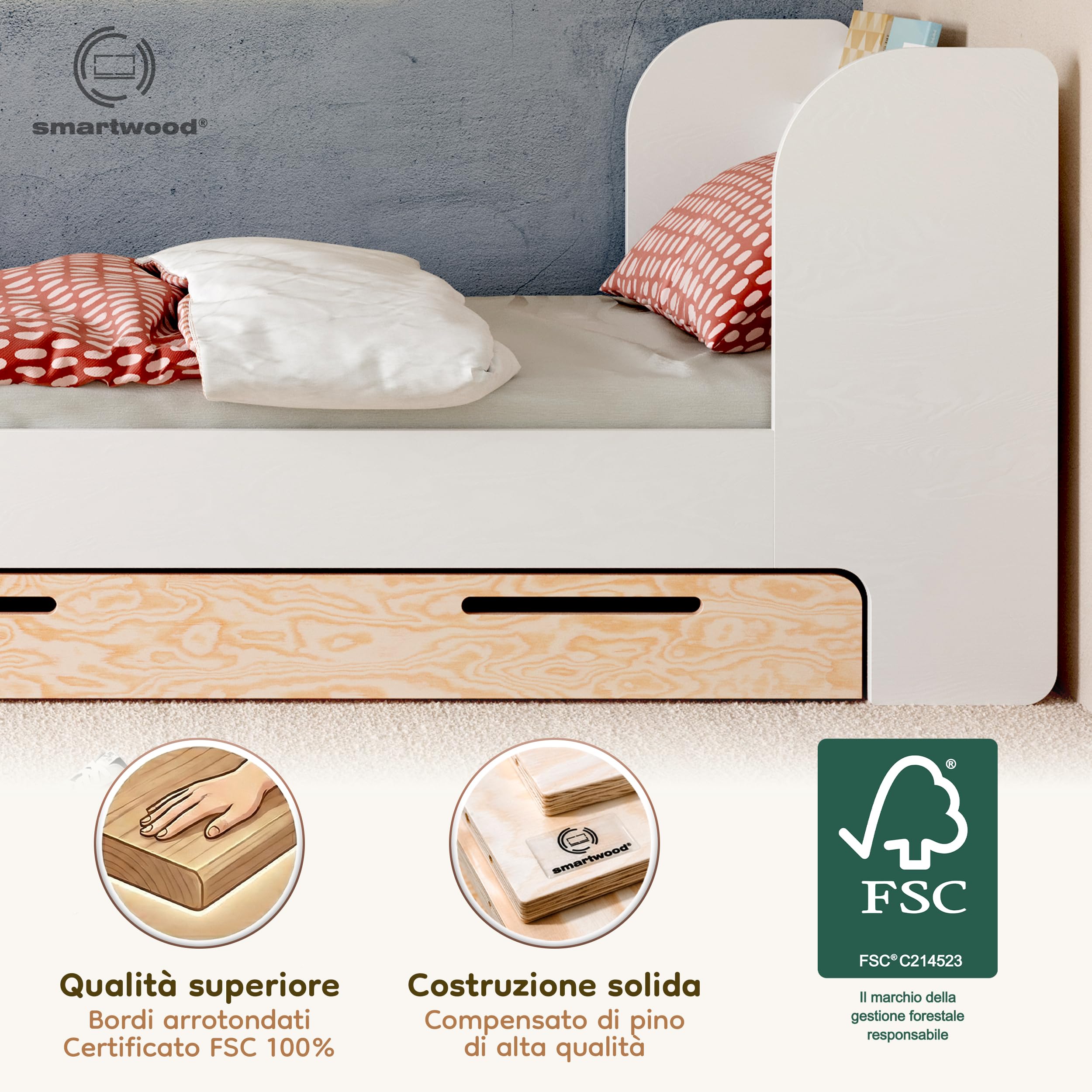smartwood Letto Bambino 90x200 cm con Cassetto, in Legno, Bianco, Flou D | incl. Cassetto, Testiera con Ripiano, Rete fino a 230 kg, in Legno di Pino FSC, Letto per Ragazze & Ragazzi dai 3 anni