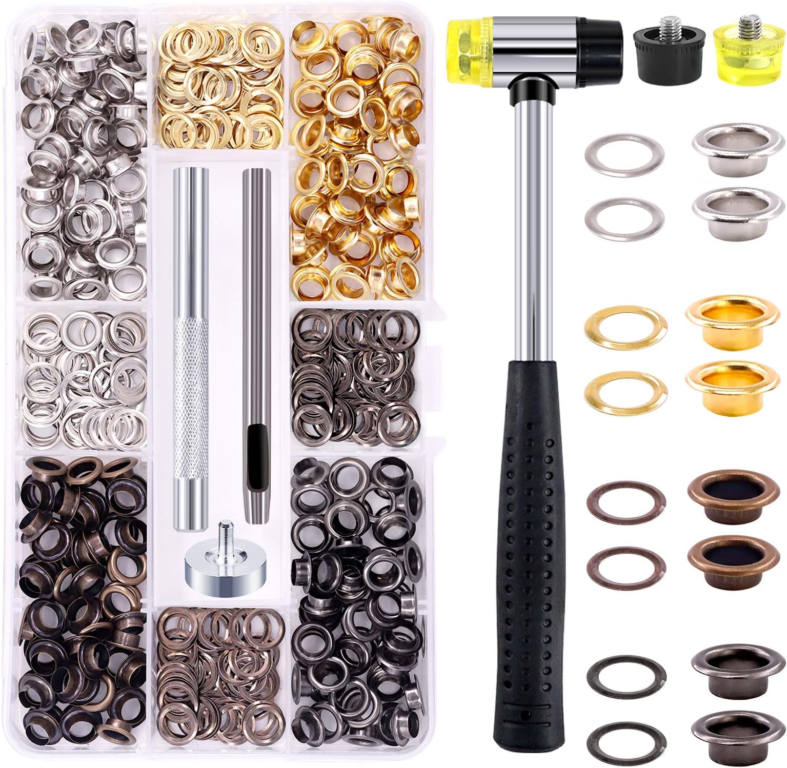 Rustark 240 Sets 1/4 Inch Colored Grommet Assortment Kit with 4 Pcs Setting Install Tool, 6mm Metal Eyelets in Storage Box for DIY Projects