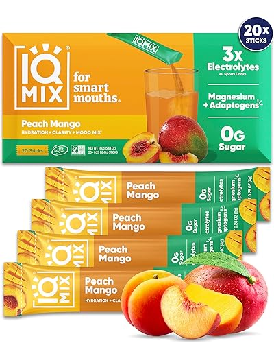 IQMIX Hydration Electrolyte Powder – 4-in-1 Formula for Hydration, Mental Clarity, Mood and Recovery – Sugar-Free Drink Mix, Keto, Magnesium L-Threonate, Lion’s Mane – 20 Count Peach Mango - Peach Mango - 20 Count (Pack of 1)