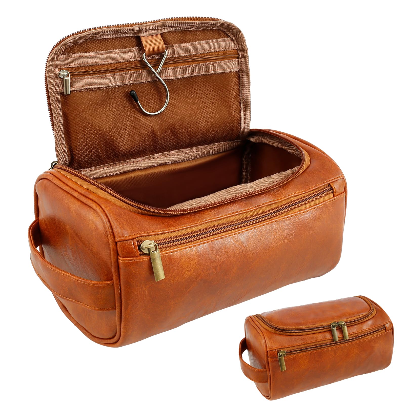 PandaHugWater-Resistant Leather Toiletry Bag for Men, Large Travel Wash Bag  with Handle, Shaving Bag Makeup Bag Organizer Portable Cosmetic Bag