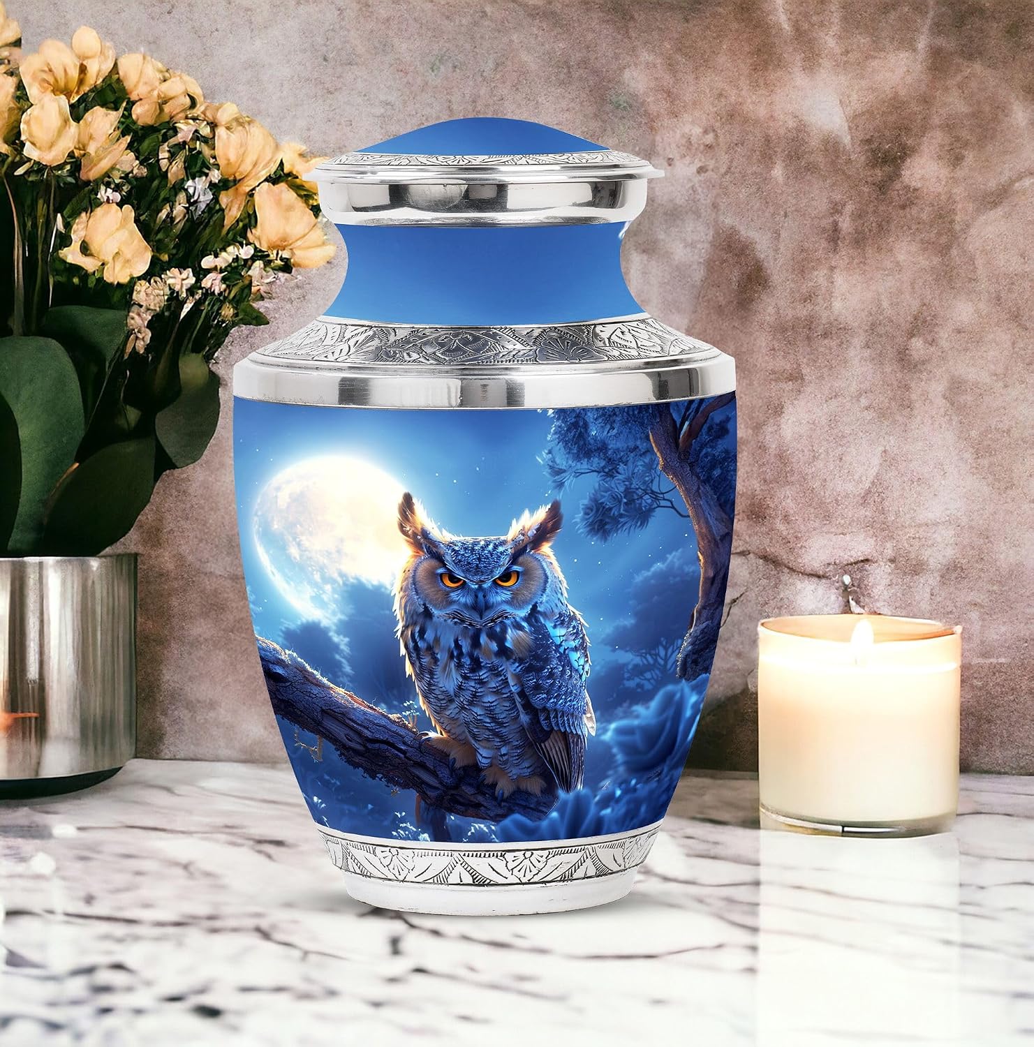 Owl in Moon Urn, Pack of 3 (10 Inch Urn & 3 Inch Urn Set of 2), Human Memorial Urn, Elegant Urn for Ashes, Infant Urn, Funeral Urn, Ashes Keepsake, Cremation Urn, Owl Urn