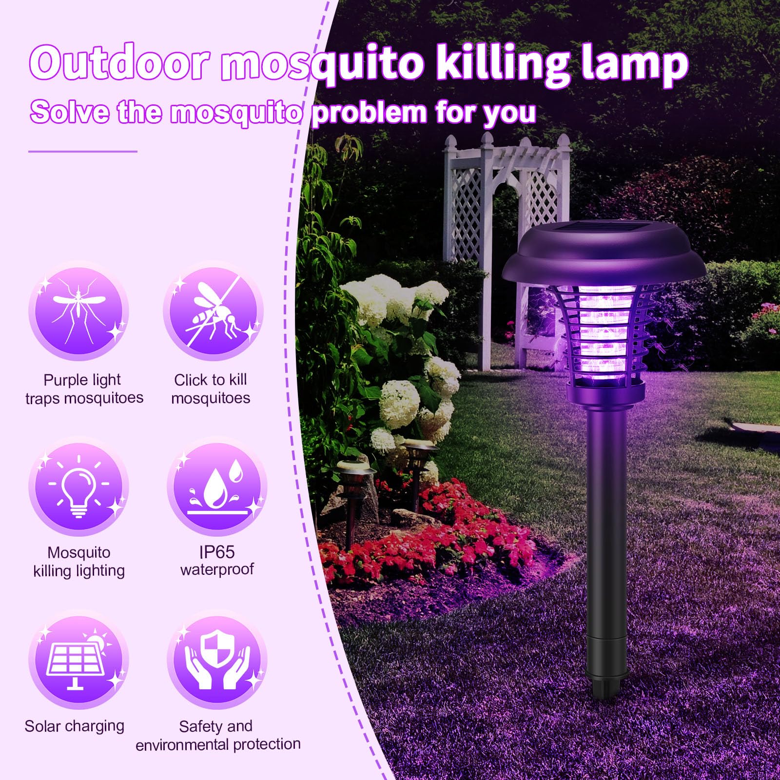 4 lampade a energia solare anti-insetti per esterni, impermeabili, repellenti per zanzare, luce solare per tarme, mosche, piccoli insetti volanti, cortile, giardino, prato (plastica, viola e luce