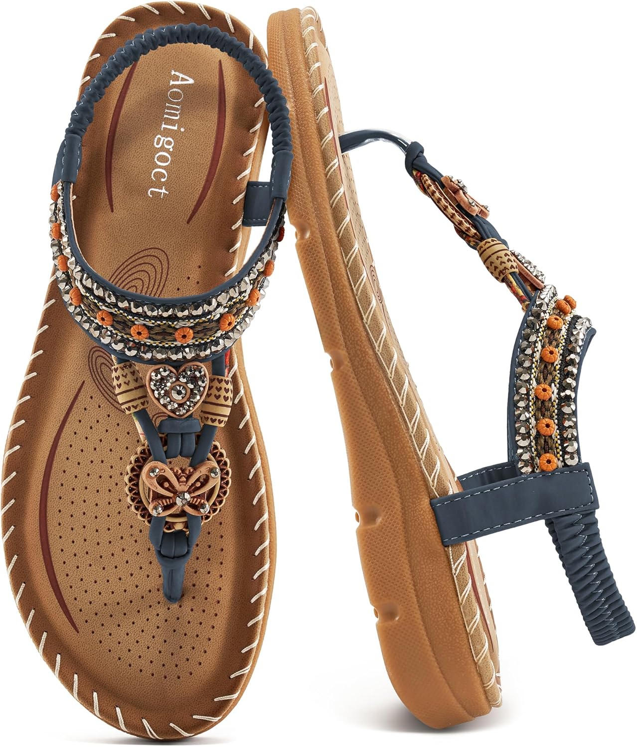 Flat bohemian sandals for women, comfortable ankle strap outdoor walking.