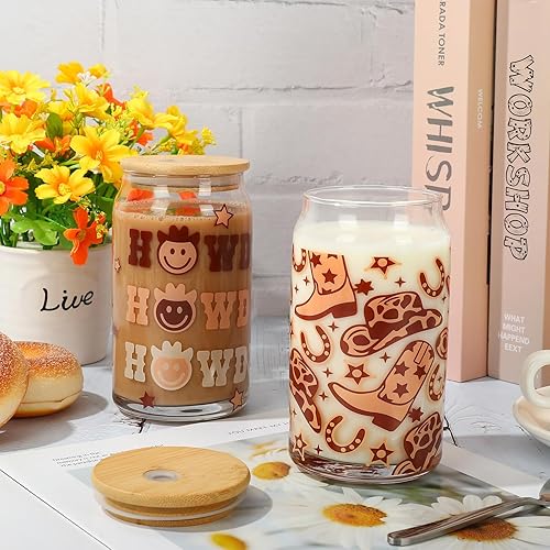 Miniatura 4 de Whaline Paquete de 2 vasos de vaquero de 16 onzas, sombrero de vaquero, taza de café helado marrón con tapas de bambú, cepillos de limpieza de