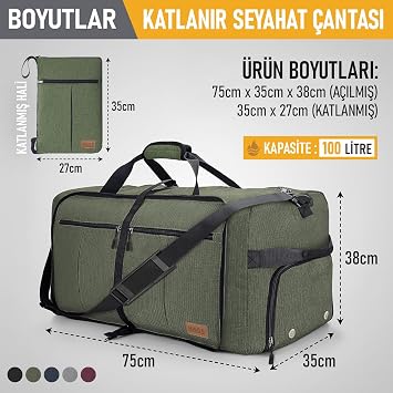 Haegs Katlanabilir Seyahat Çantası, Bavul Valiz Büyük Boy El Bagajı Çantası Erkek ve Kadın için, Ayakkabı Bölmeli Hafta Sonu Geceleme, Seyahat, Kamp için Katlanır Çanta 100L - Haki