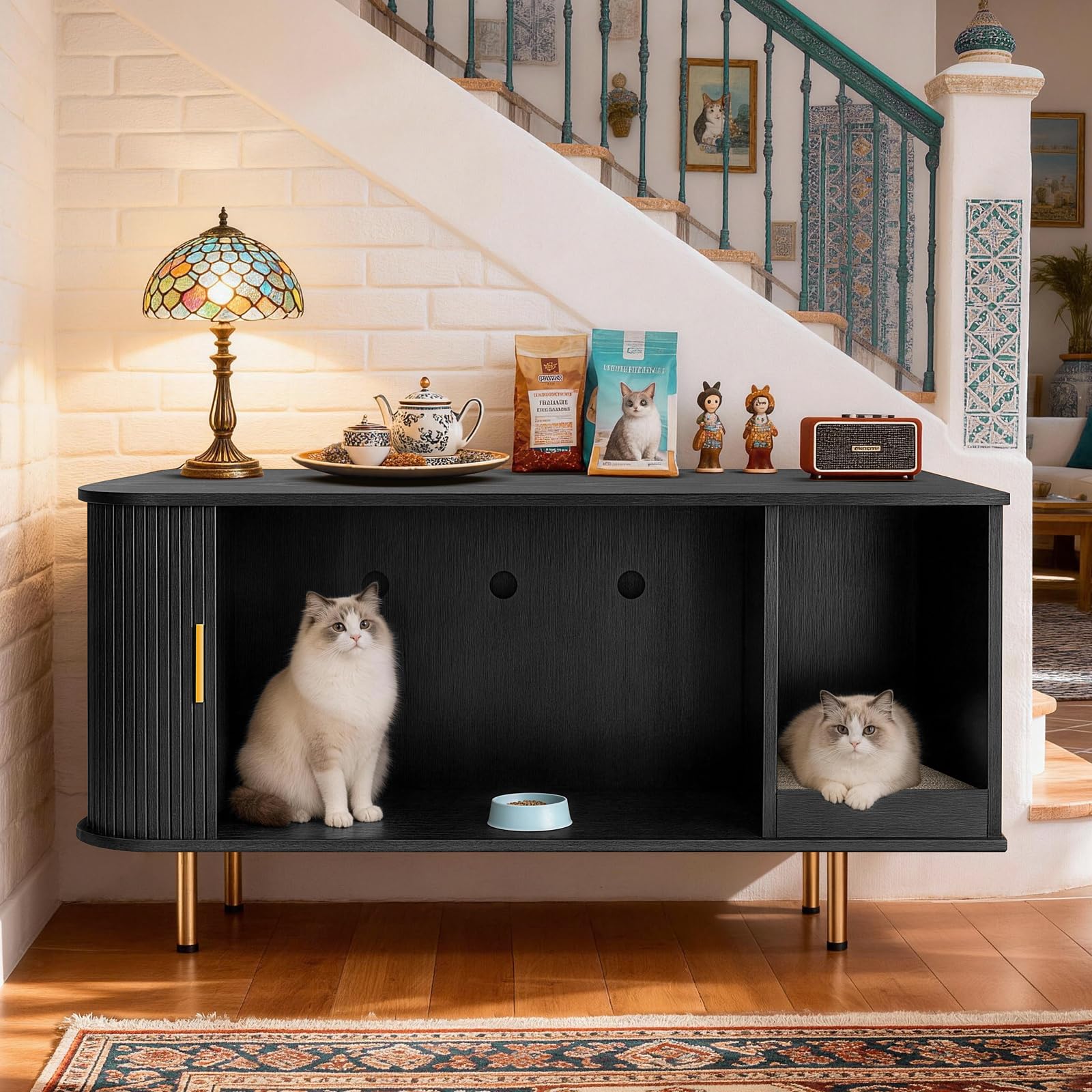 Cat Litter Box Enclosure with Scratch Pad, Sliding Door, 38.5" Cat Litter Furniture Hidden Litter Box Cabinet, Modern Indoor Cat House, TV Stand, Side End Table for Living Room (Black)