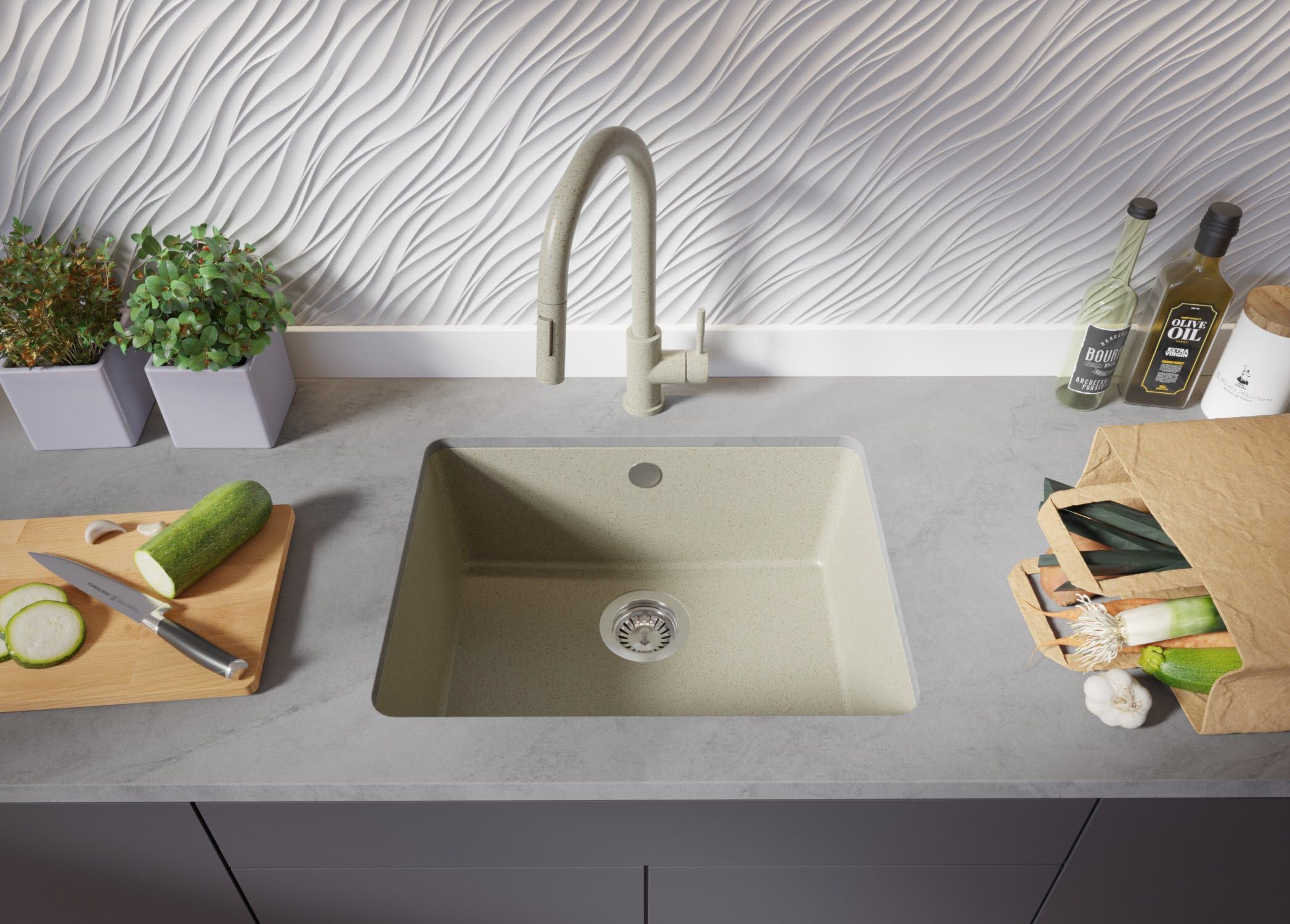PRIMAGRAN Fregadero bajo Encimera Beige 56x44cm, Cocina 1 Seno + Sifón, Granito al Mueble 60cm - Venecia Easy S066